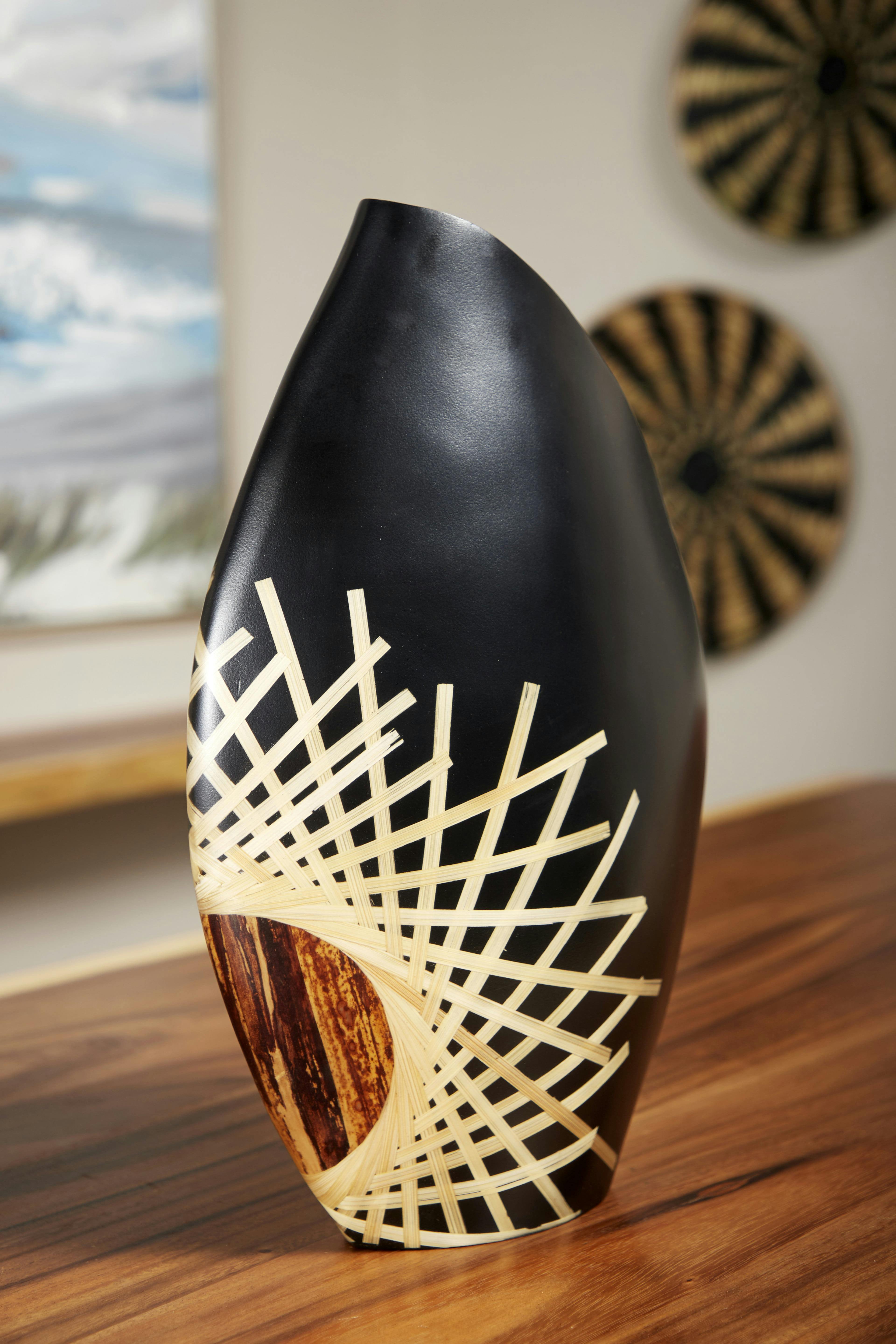 Asymmetrical Black Banana Wood & Bamboo Vase 11.5" x 18"