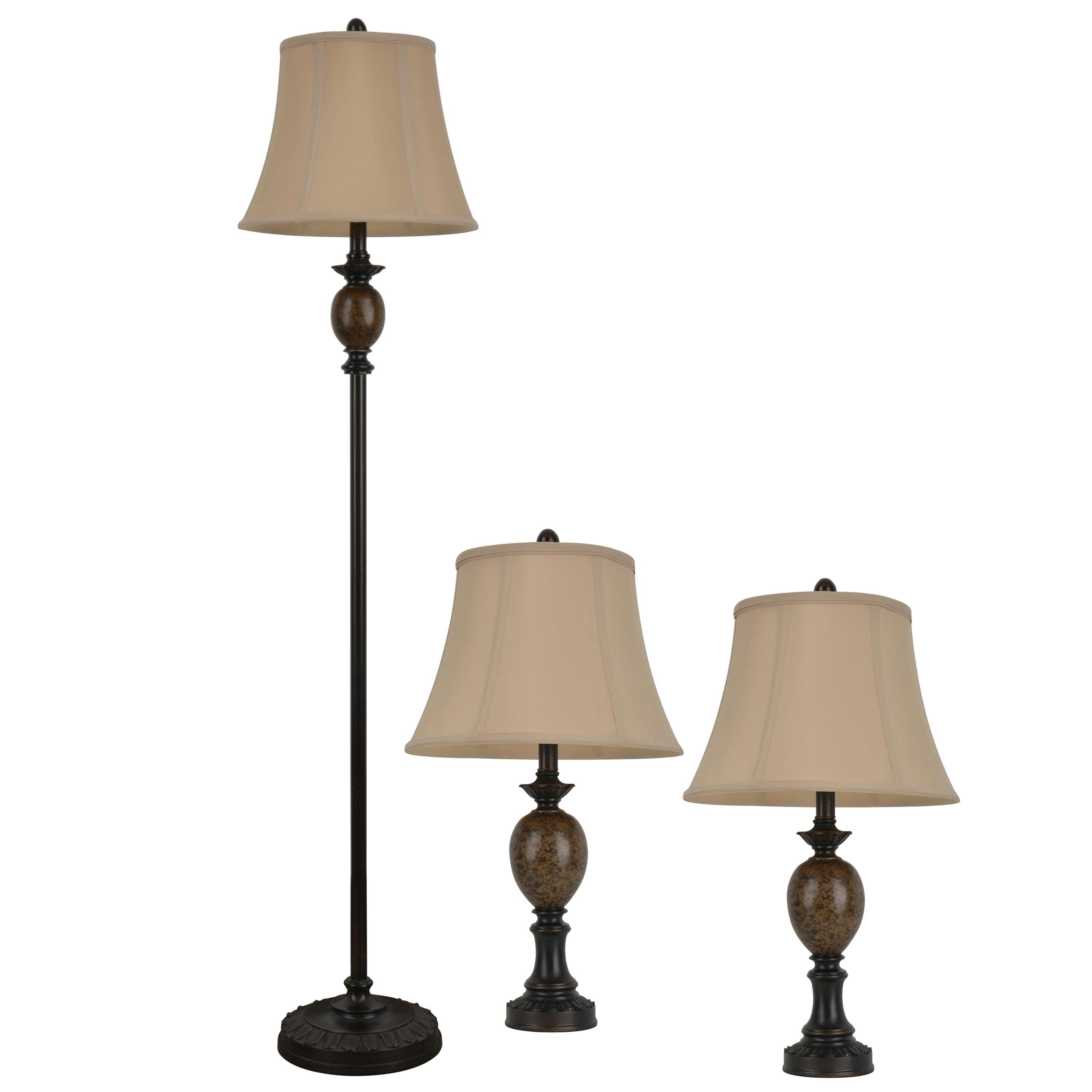 Timeless Bronze Resin and Marble 3-Piece Lamp Set with Taupe Shades