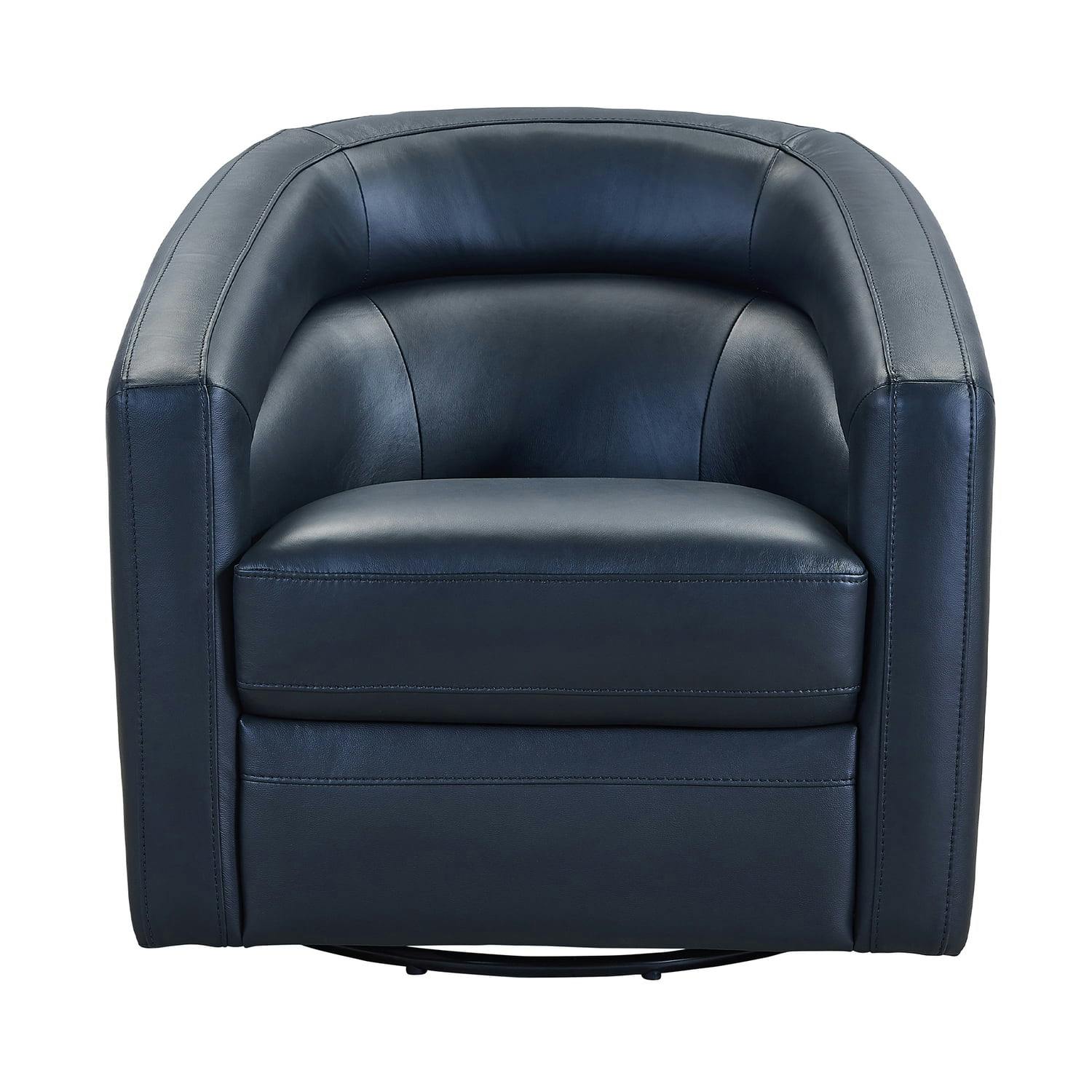 Contemporary Black Leather Swivel Barrel Accent Chair with Wood Base