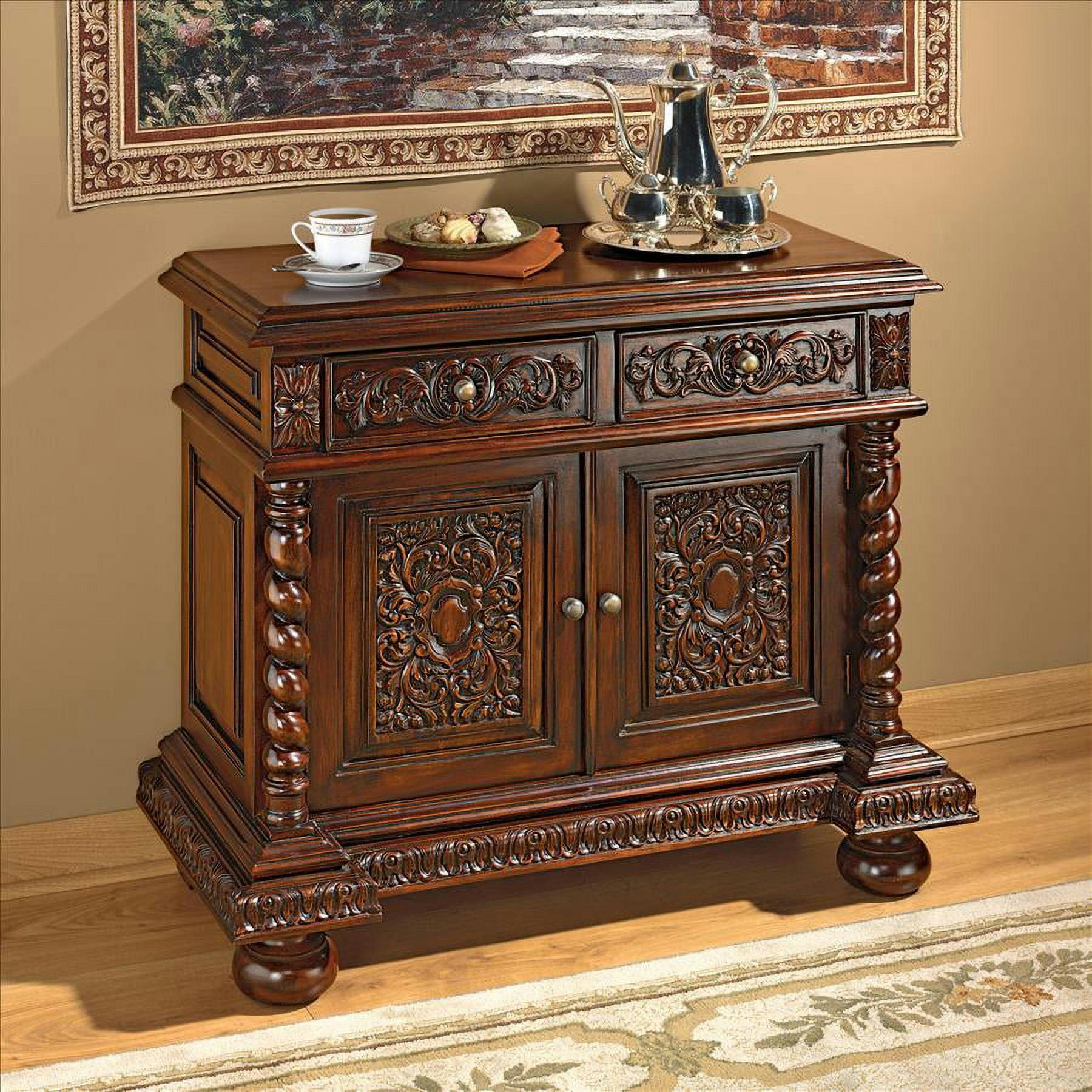 Gothic Renaissance Inspired Solid Mahogany Buffet with Barley Twist Columns