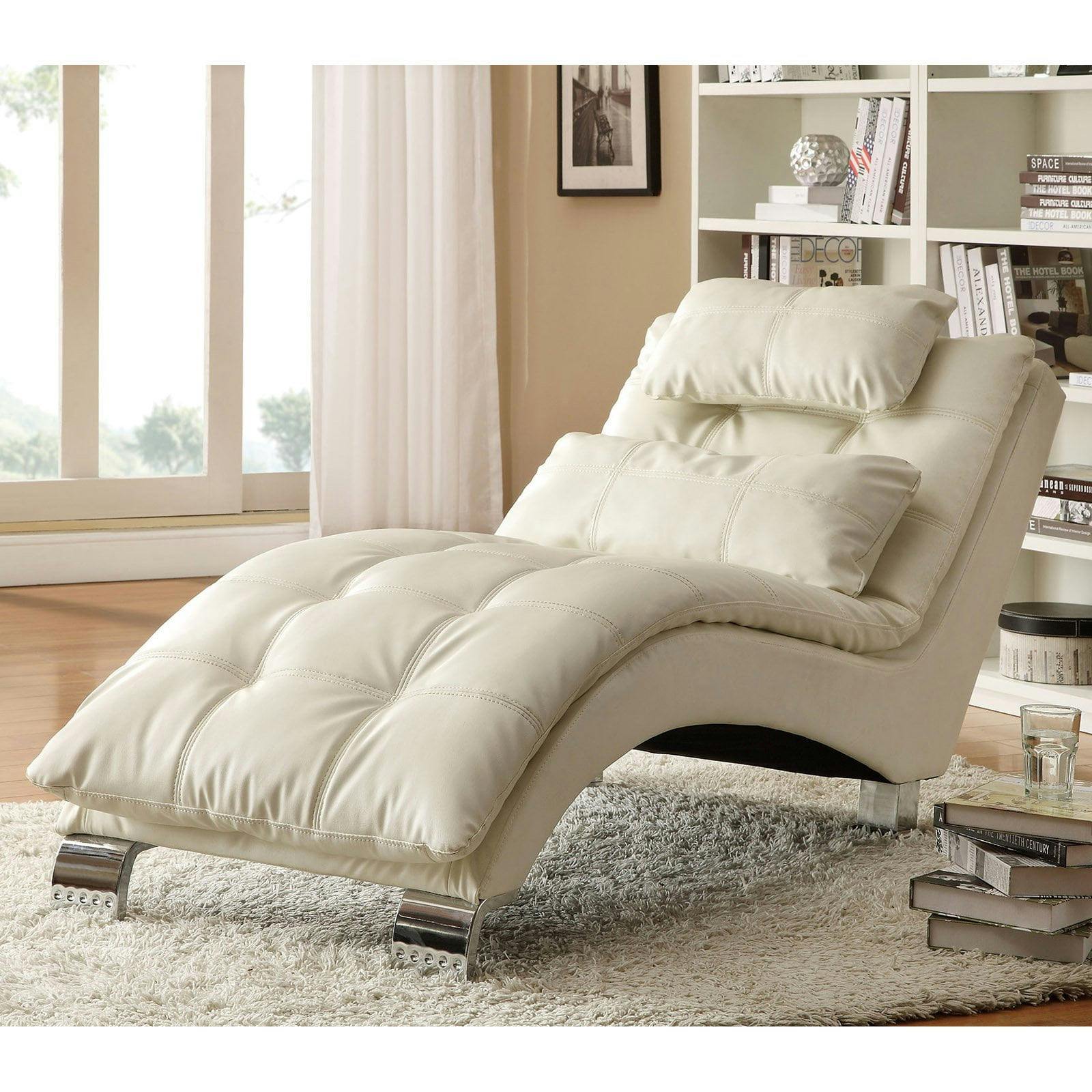 Transitional White Faux Leather Chaise with Chrome Legs