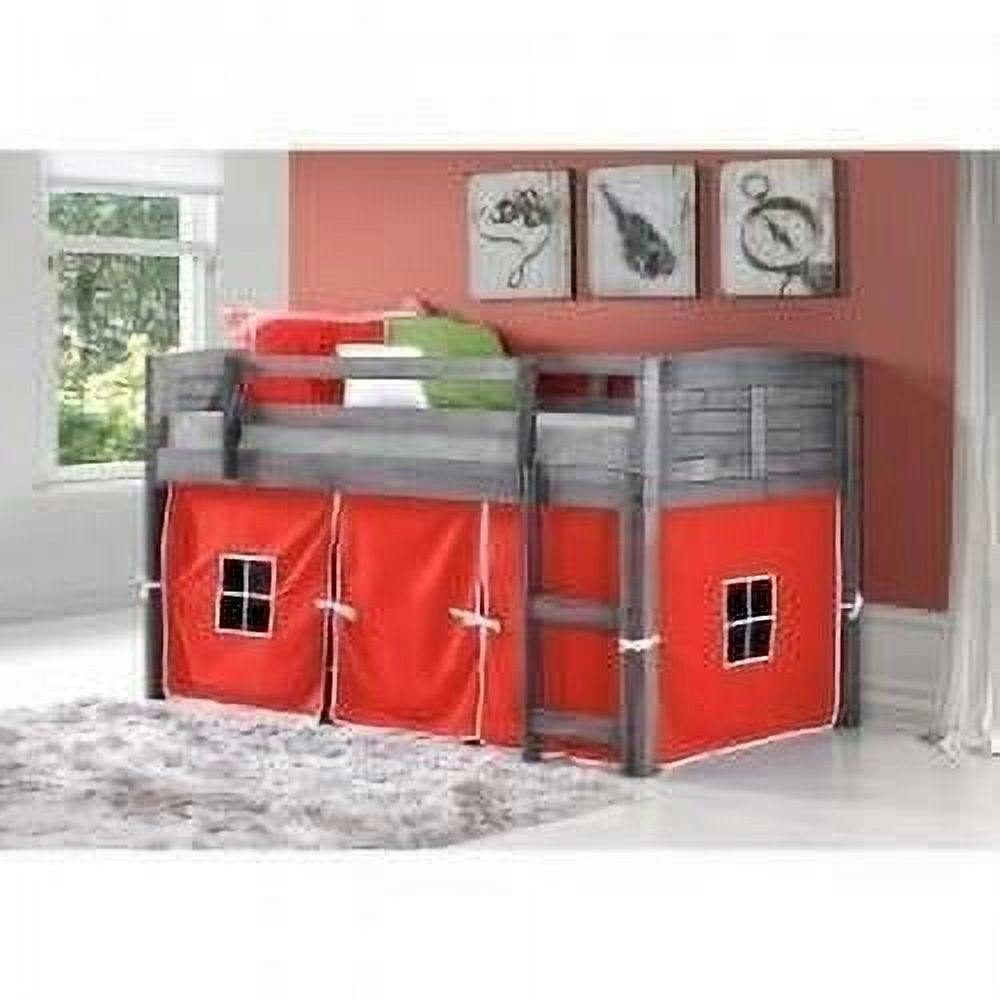 Antique Grey Twin Low Loft Bed with Playful Red Tent and Pine Wood Frame