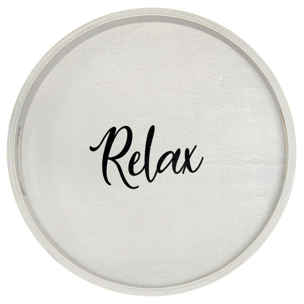 Cozy Farmhouse 14" Round Wood Serving Tray, Gray Wash with 'Relax' Script