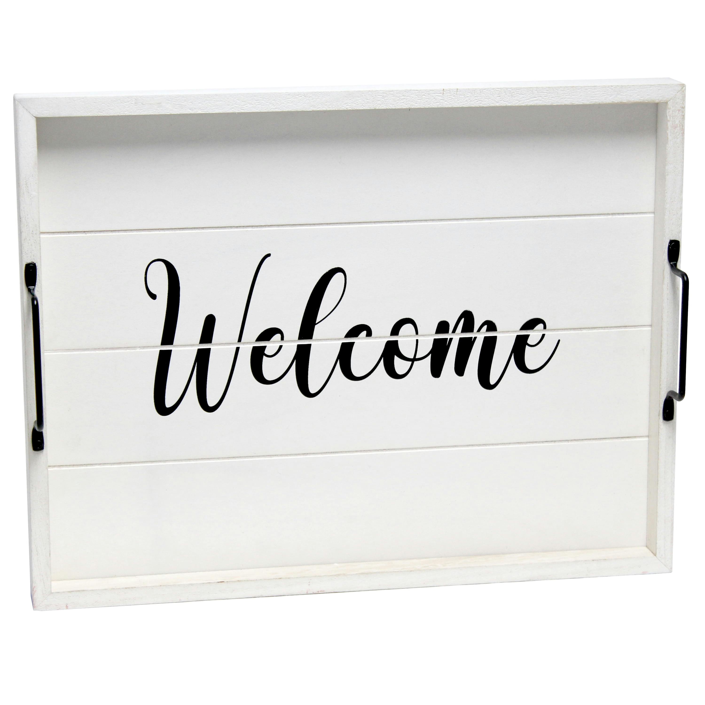 Cozy Farmhouse White Wash Wooden Serving Tray with Black Handles