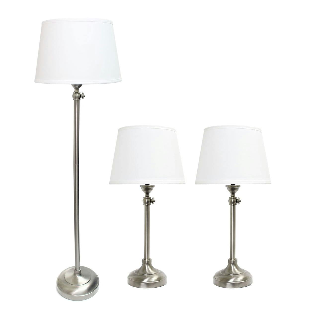 Brushed Nickel Elegance 3-Piece Adjustable Lamp Set with White Shades