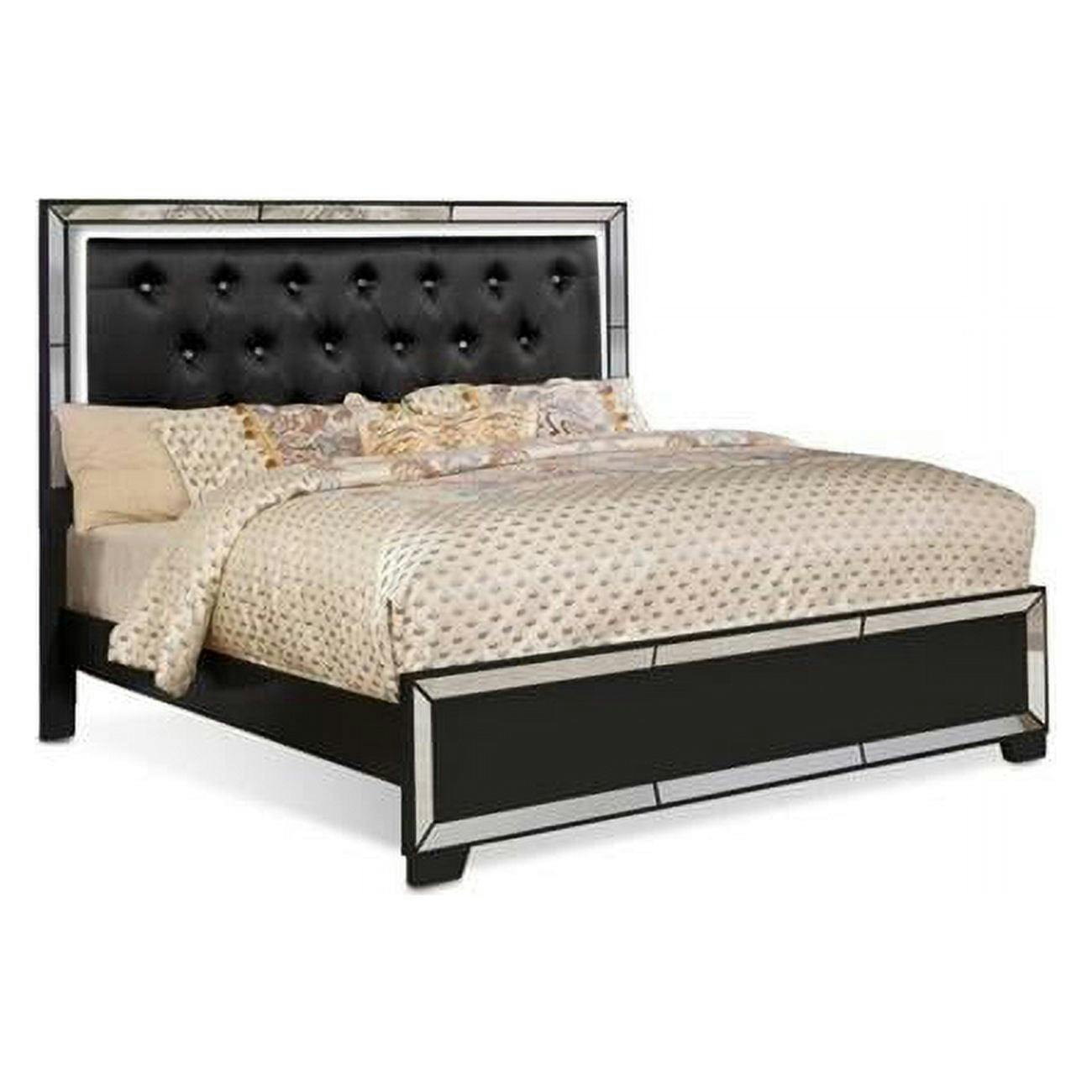 Elegance Velvet Queen Bed with LED Crystal Tufted Headboard in Black