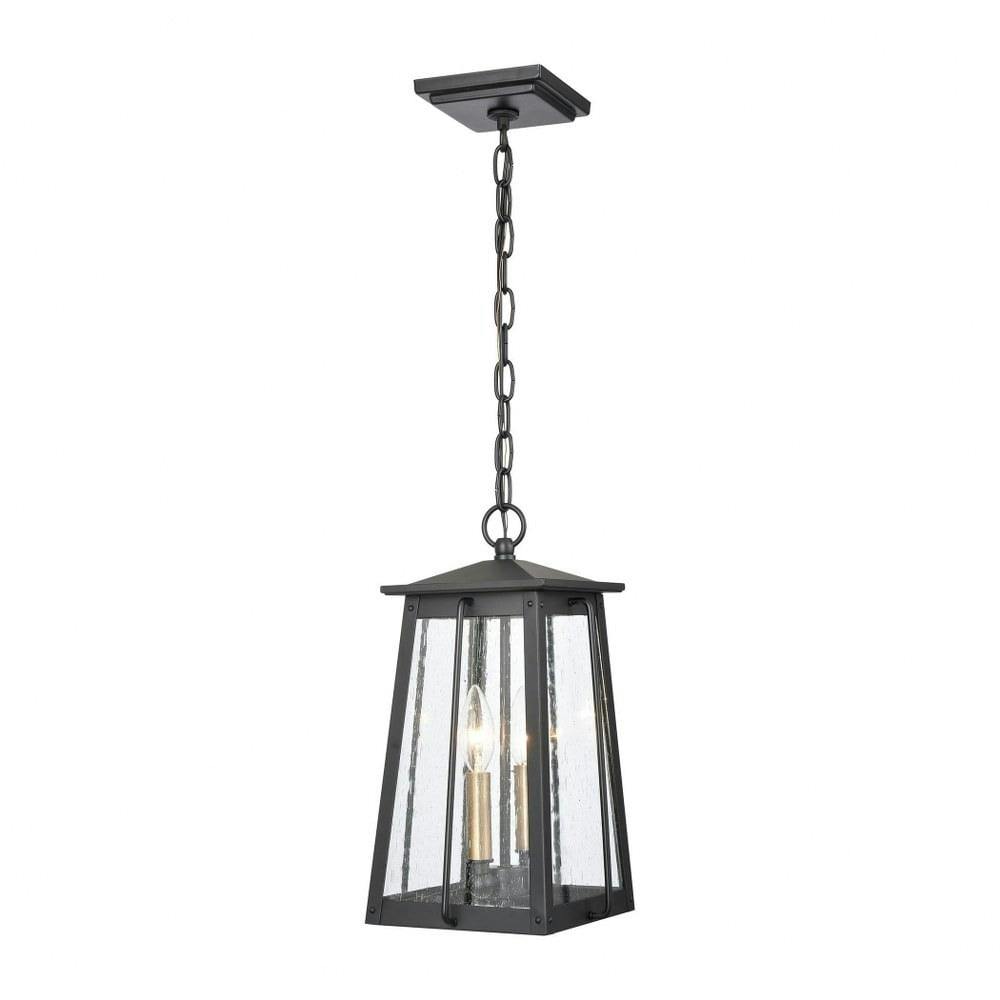Kirkdale Matte Black and Natural Brass 2-Light Outdoor Pendant with Seeded Glass