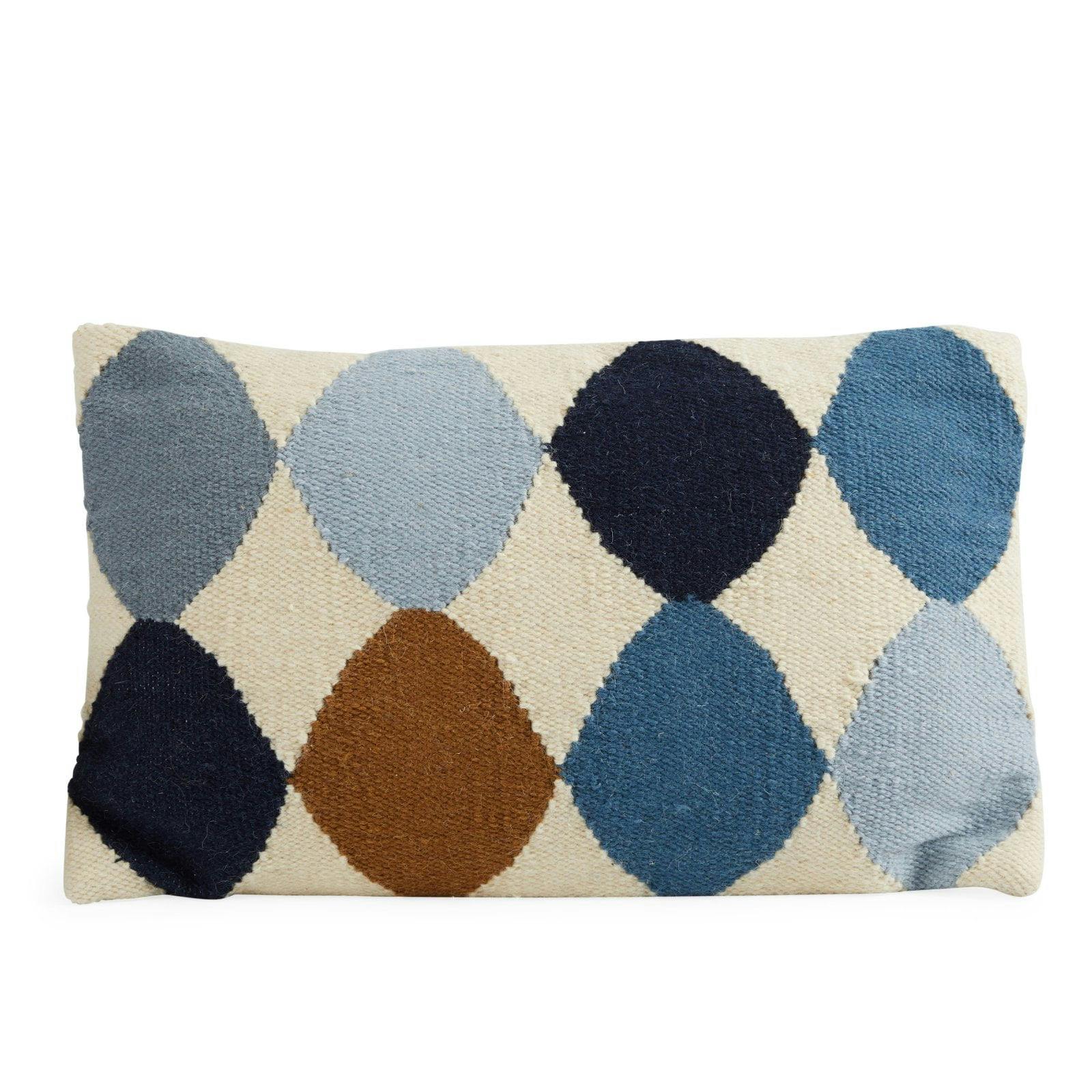 Classic Blue & Brown Woven Wool Lumbar Throw Pillow, 26" x 4"