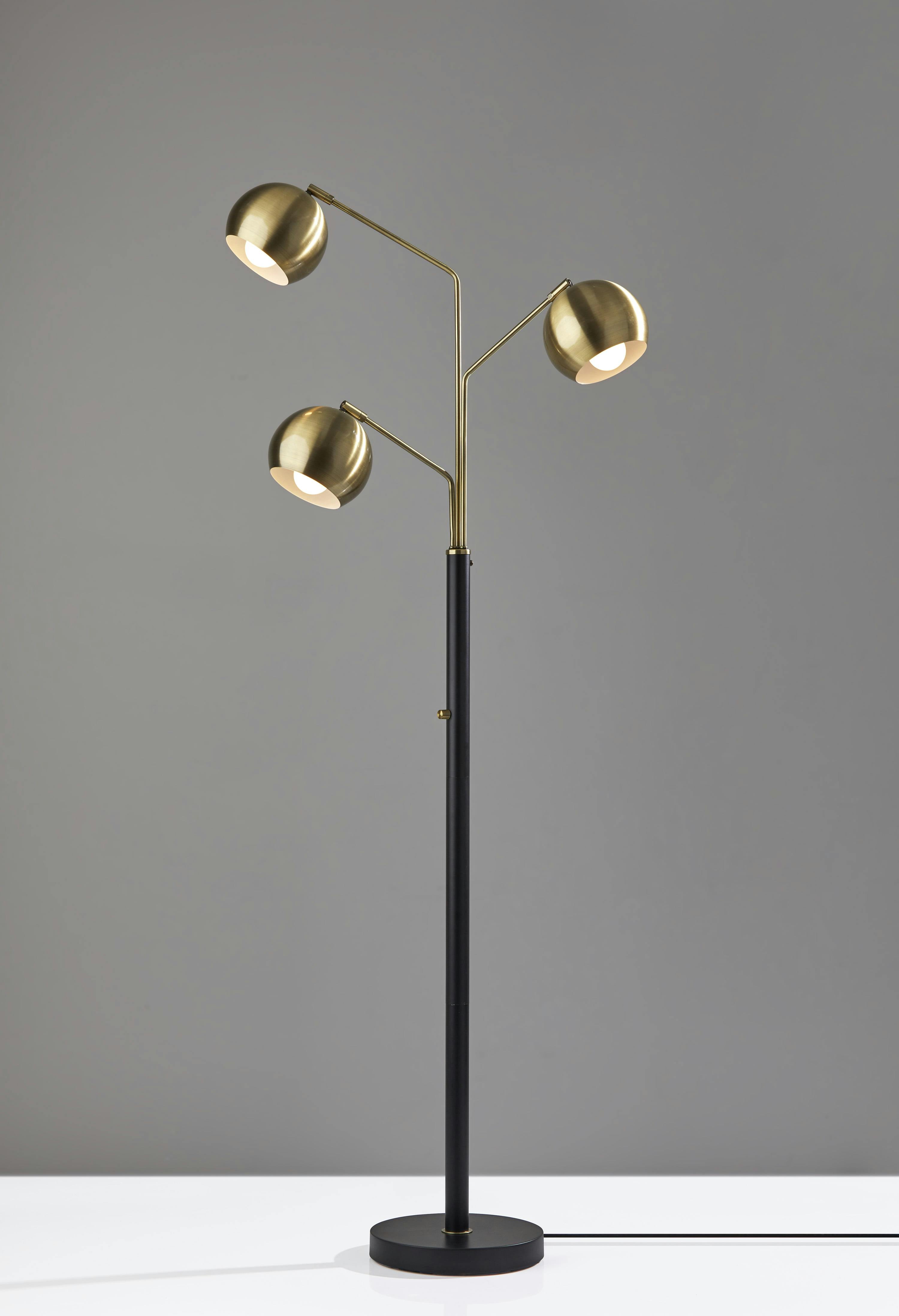 Mid-Century Modern Adjustable 3-Head Floor Lamp in Black and Antique Brass