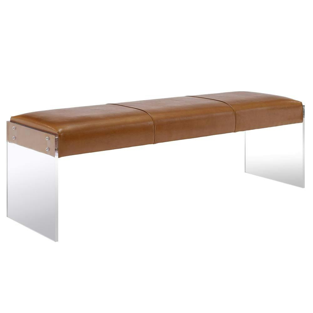 Modern Brown Vegan Leather Bench with Clear Acrylic Legs