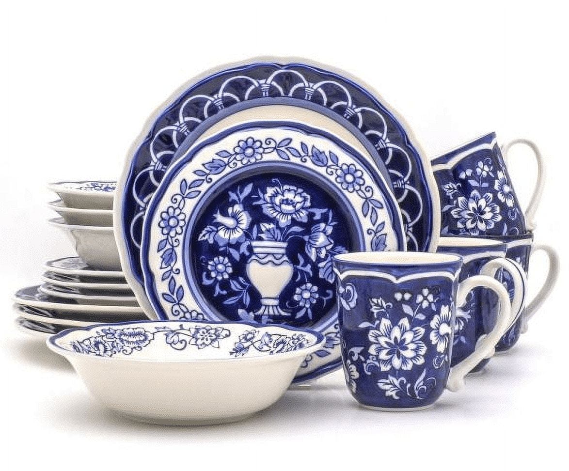 Sophisticated Blue Garden 16-Piece White Ceramic Dinnerware Set