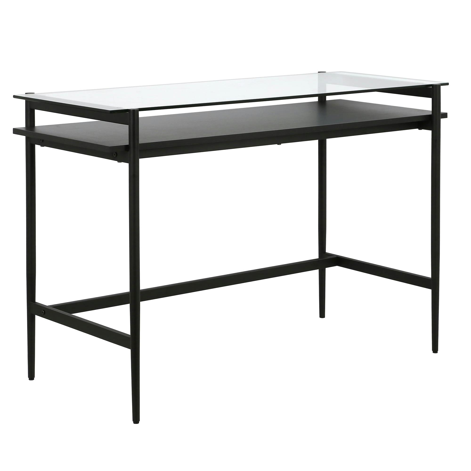 Eaton 46" Blackened Bronze Desk with Glass Top and Woodgrain Shelf