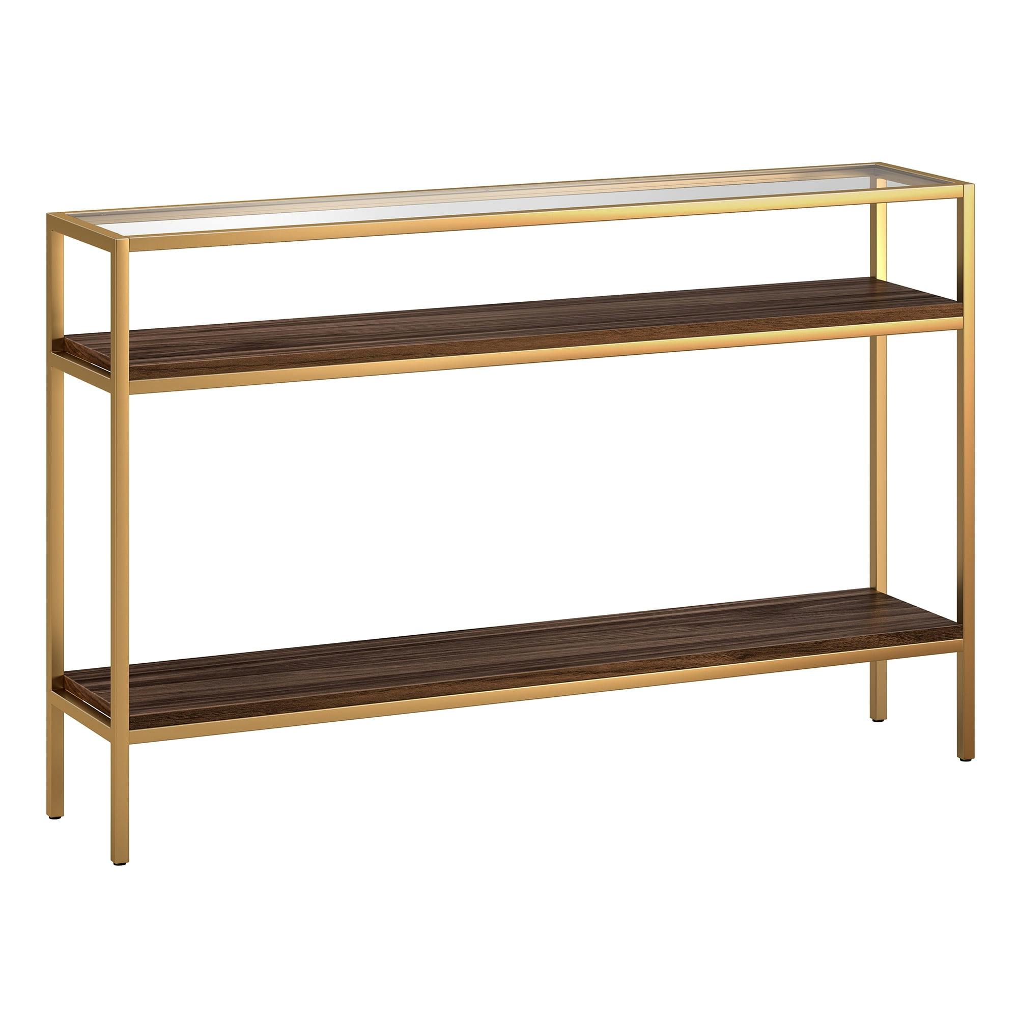 Aurora 48'' Gold Frame Console Table with Walnut Shelves & Glass Top