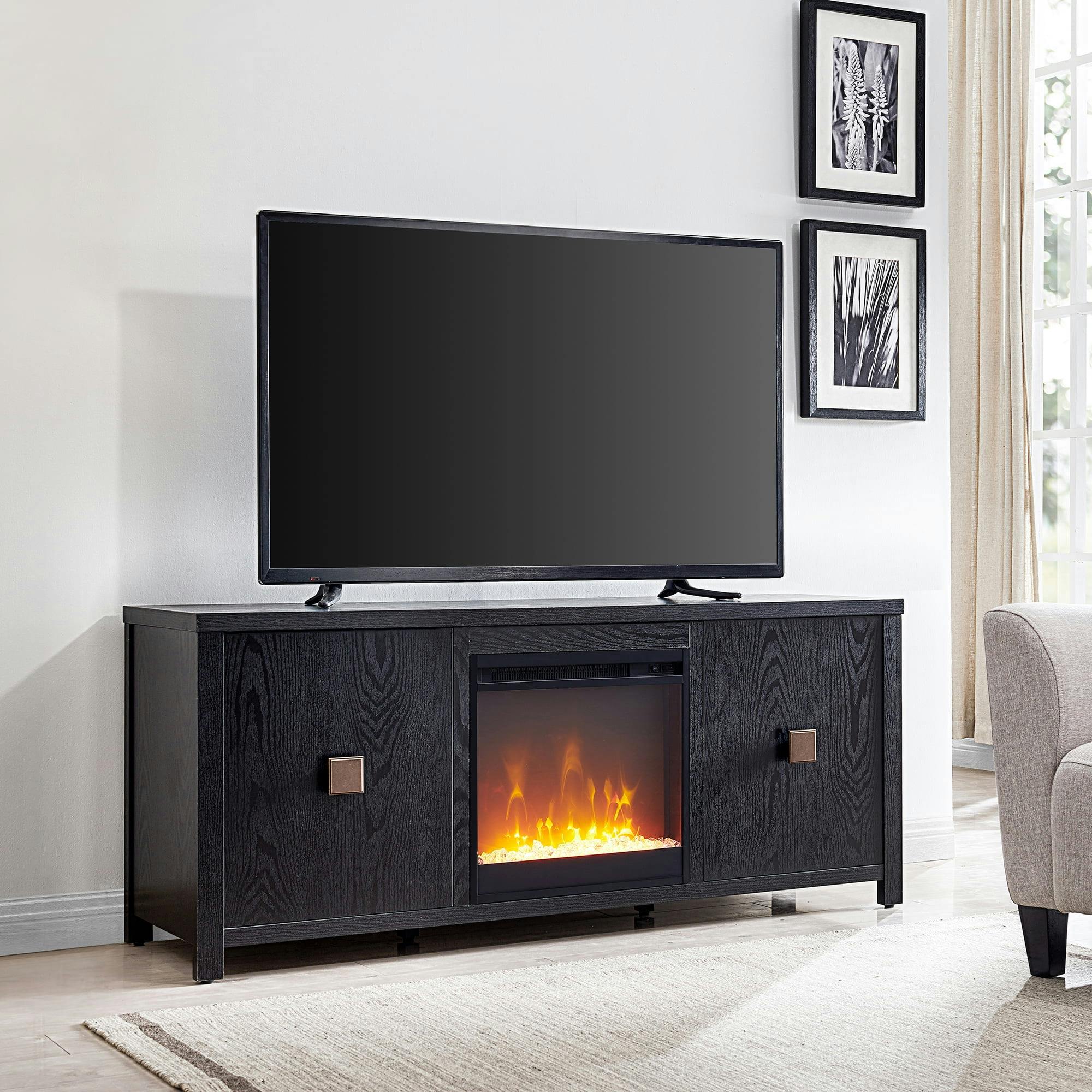 Juniper 58" Black TV Stand with Crystal Fireplace and Cabinet Storage