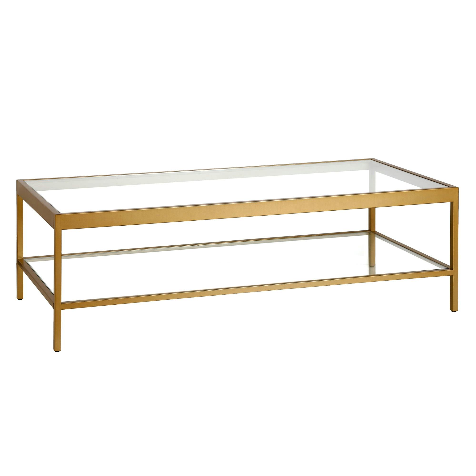 Modern Rectangular Metal & Glass Coffee Table with Shelf - Brass Finish