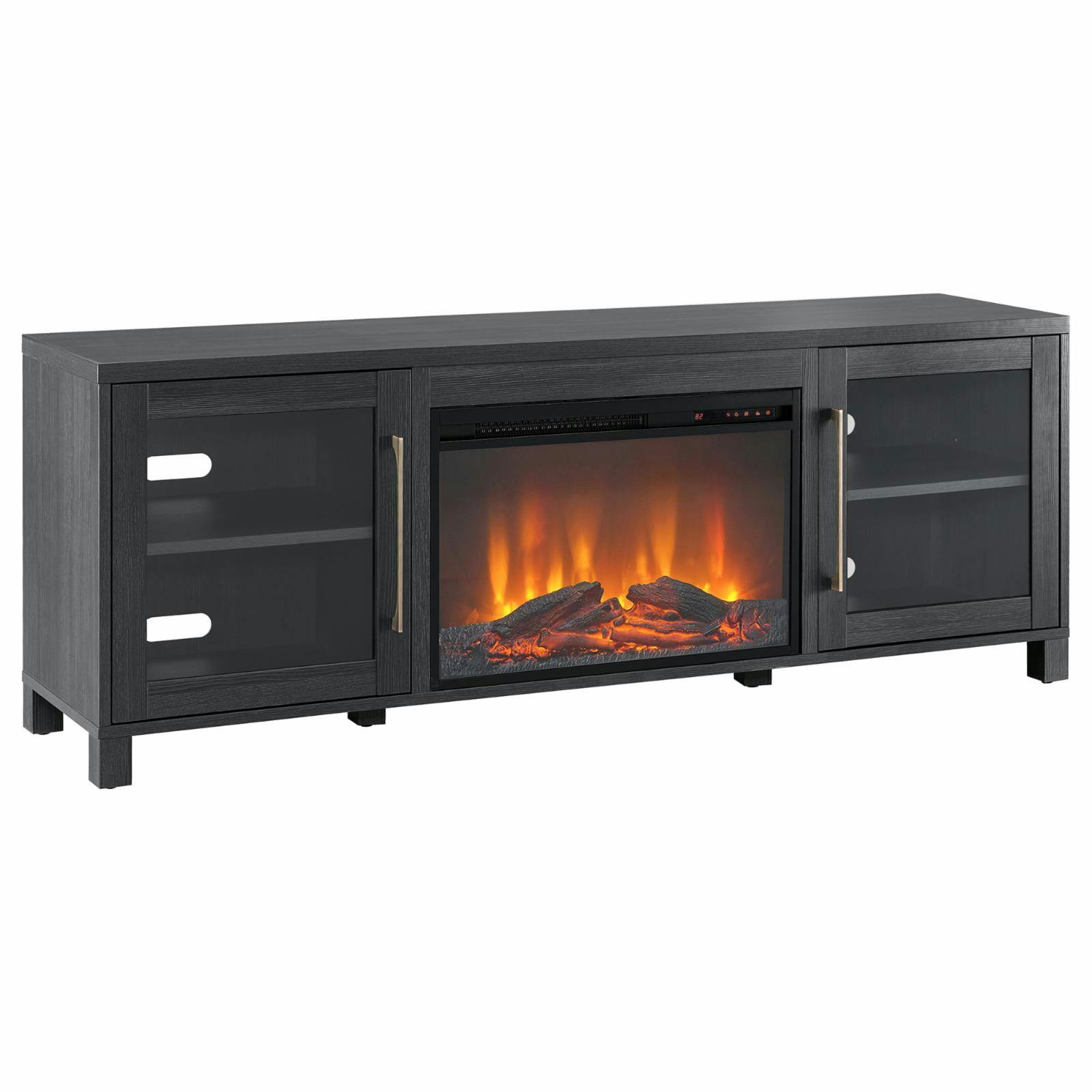 Charcoal Gray Freestanding TV Stand with Log Fireplace and Storage