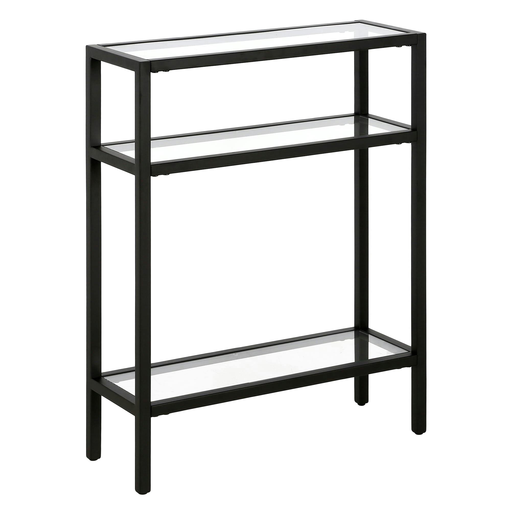 Compact Blackened Bronze 22" Metal & Glass Console Table with Shelves