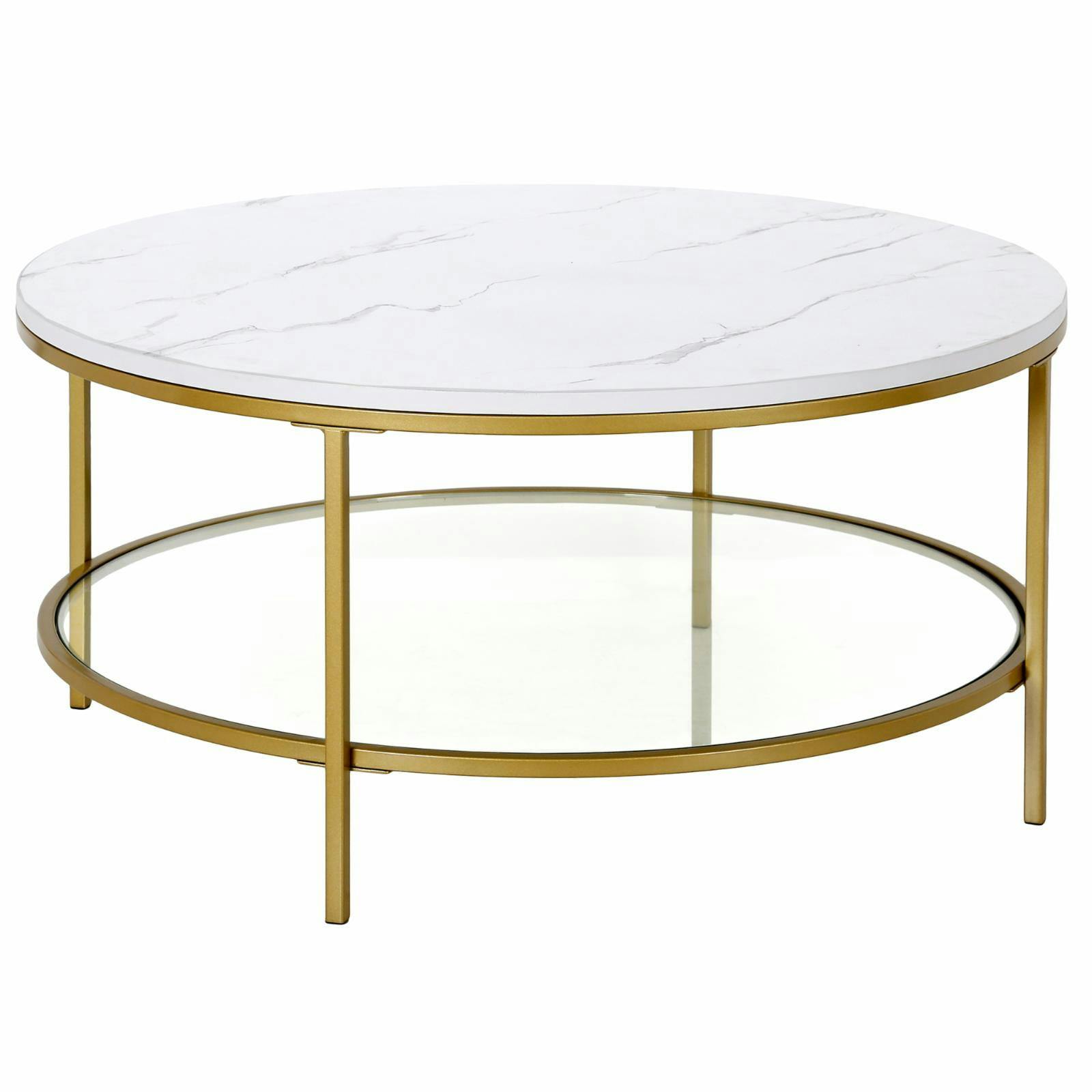 Elegant 36" Round Coffee Table with Faux Marble Top and Gold Finish