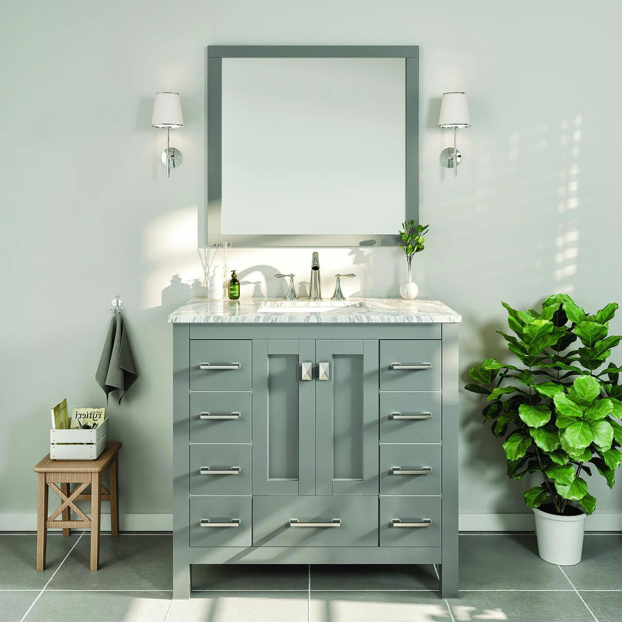 Eviva Hampton 36" Gray Transitional Freestanding Bathroom Vanity with White Carrara Marble Top