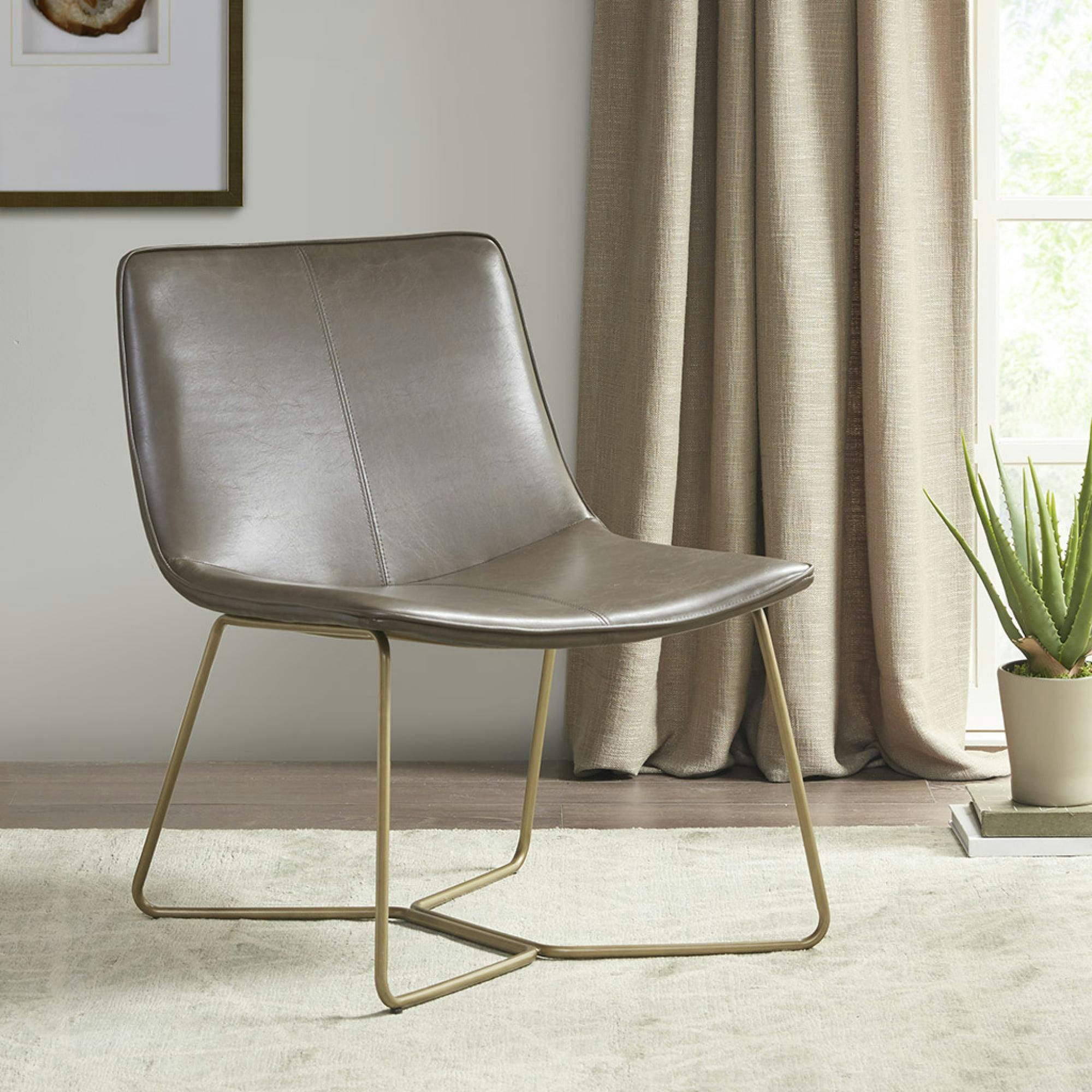 Calan Modern Brown Faux Leather Accent Chair with Gold Metal Base