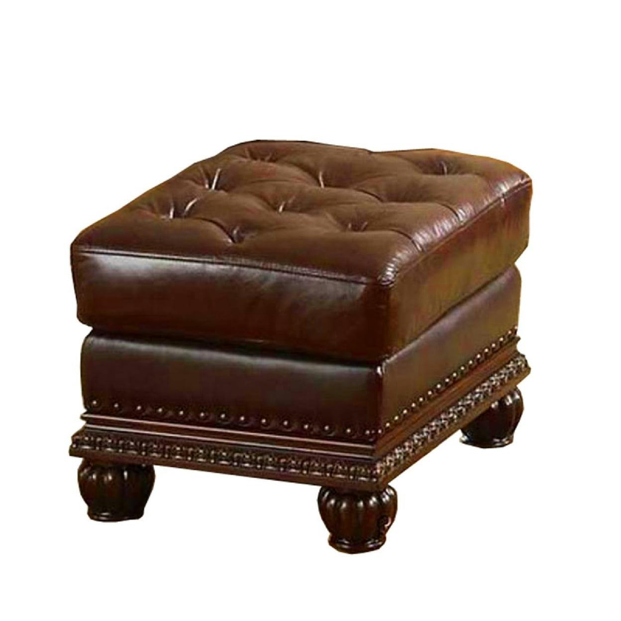 Espresso Brown Faux Leather Tufted Ottoman with Nailhead Trim