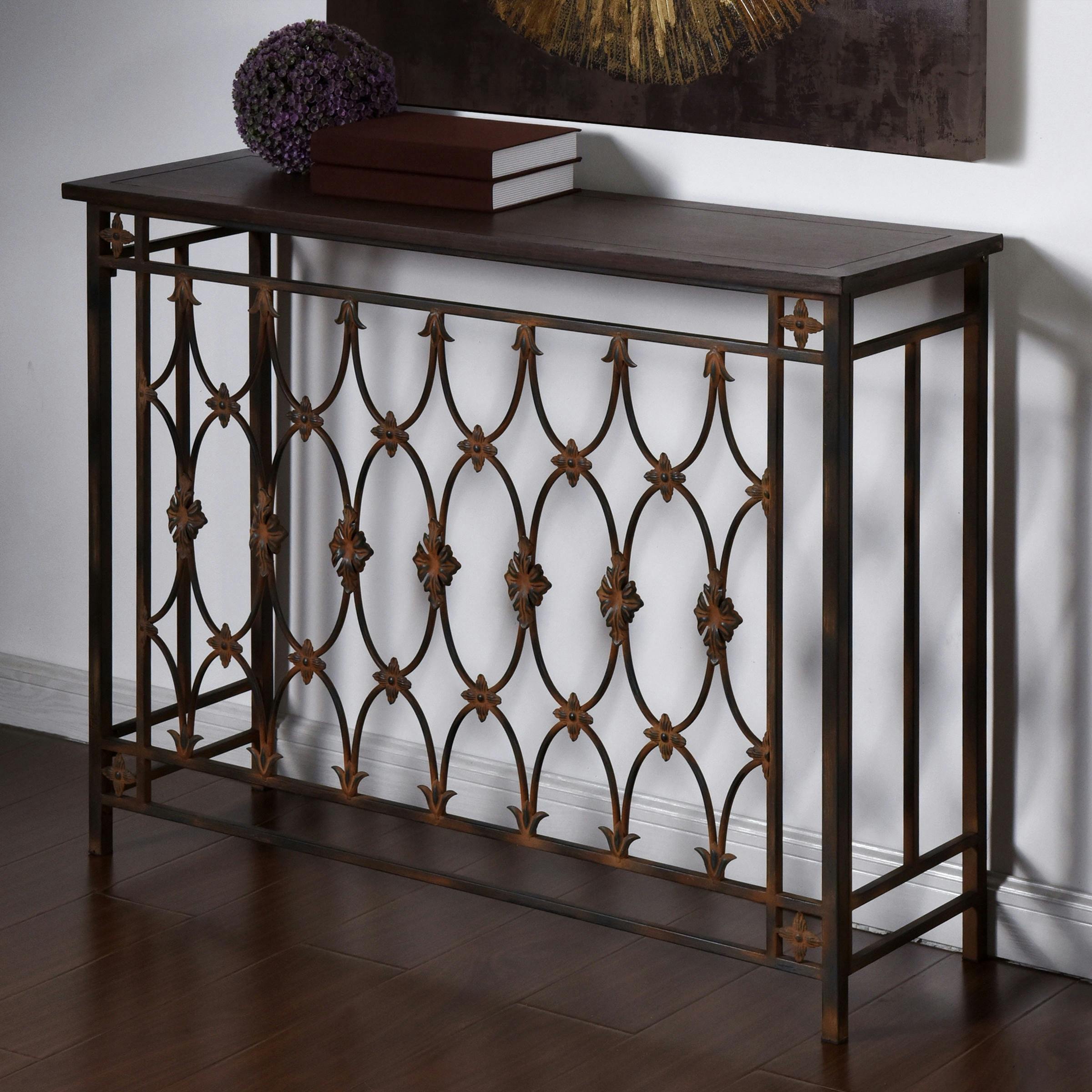 Exquisite Filagree Brown Metal and Wood Rectangular Side Table