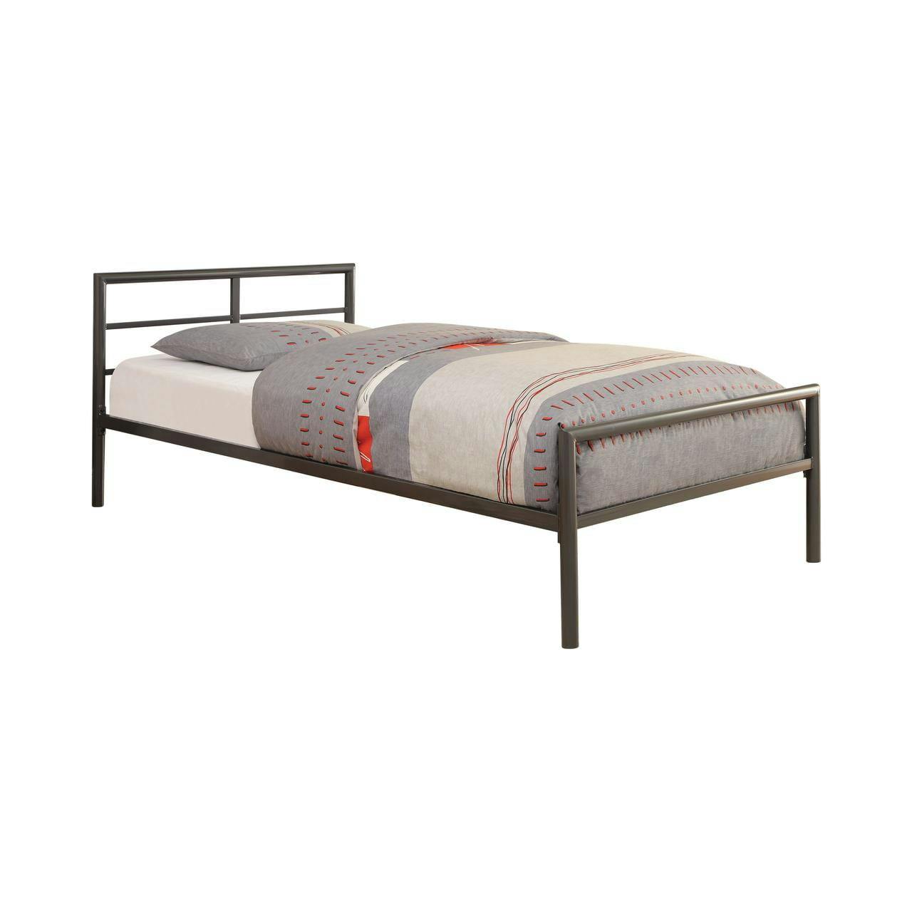 Contemporary Twin Metal Bed with Faux Leather Headboard in Gunmetal Gray