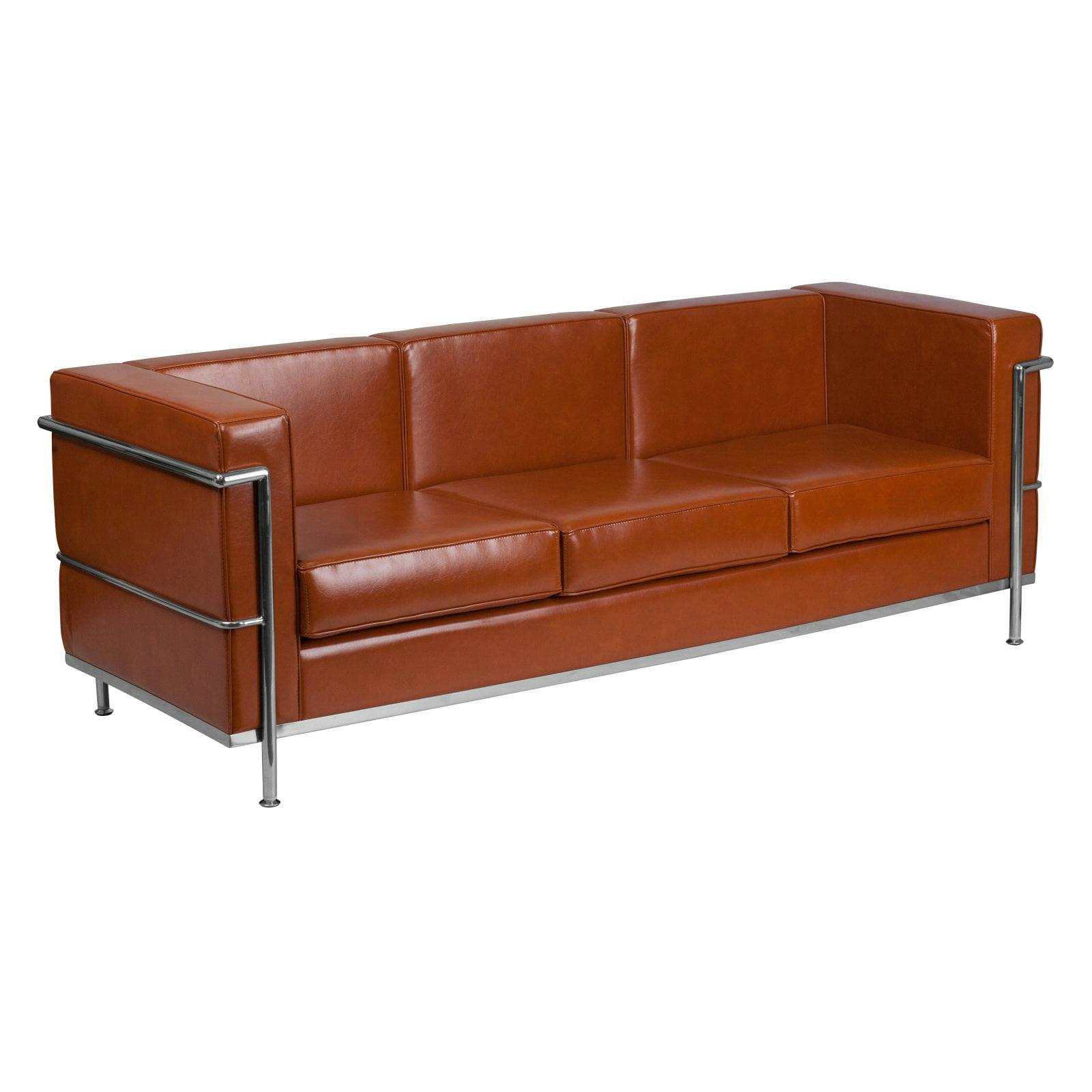 Cognac Faux Leather Sofa with Stainless Steel Frame and Removable Cushions