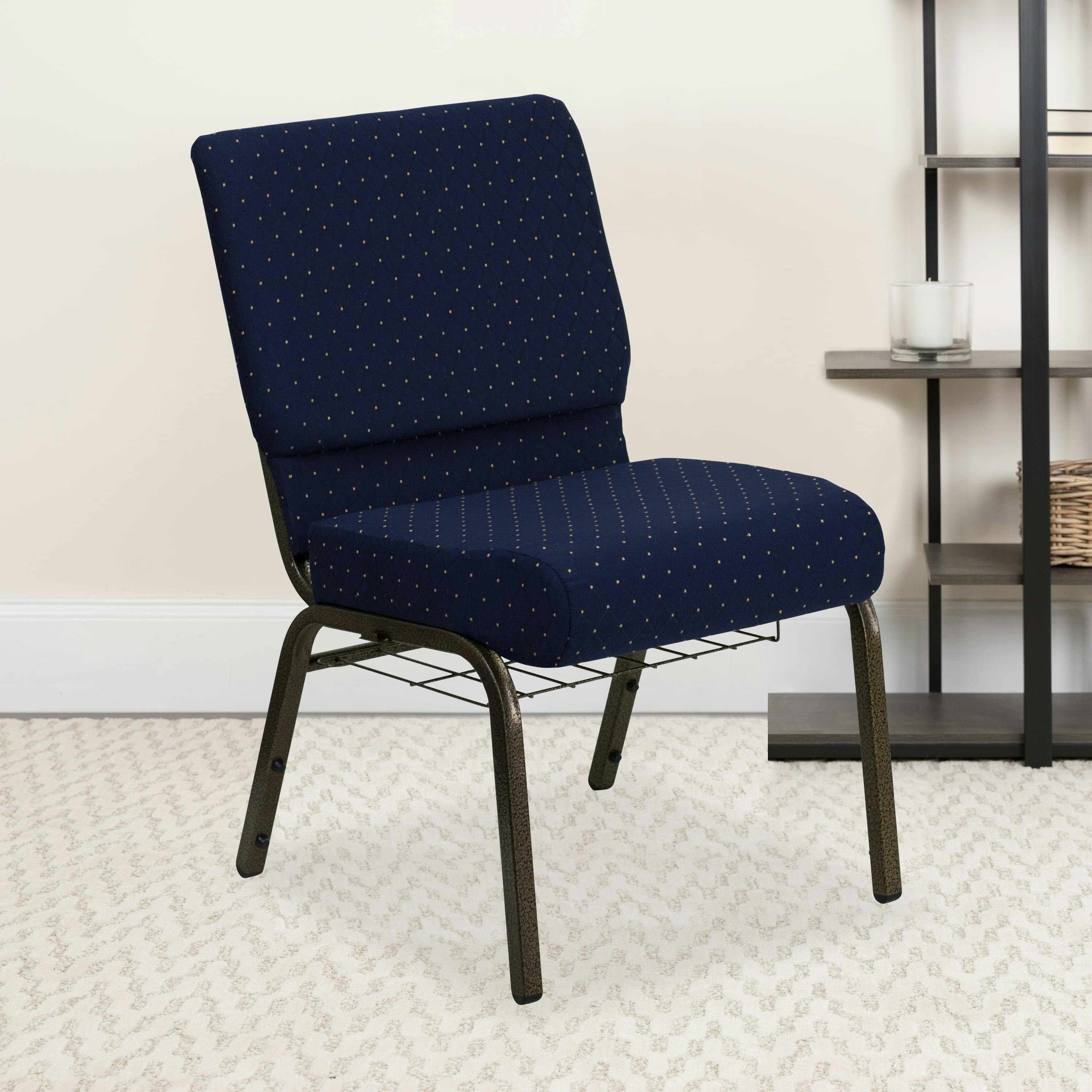 Elegant Navy Blue Fabric Stacking Chair with Gold Steel Frame
