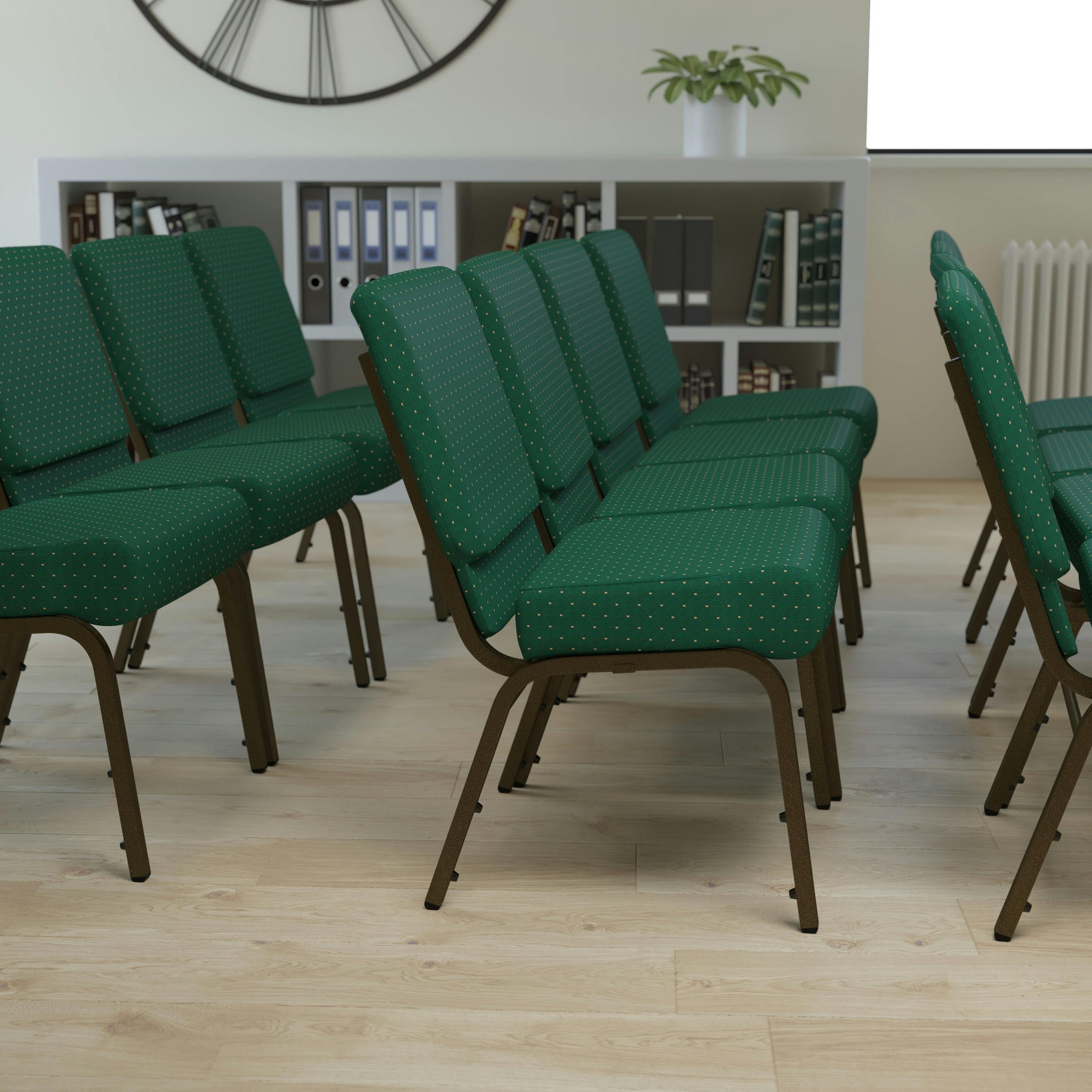 Elegant Hunter Green Fabric Stacking Chair with Gold Steel Frame