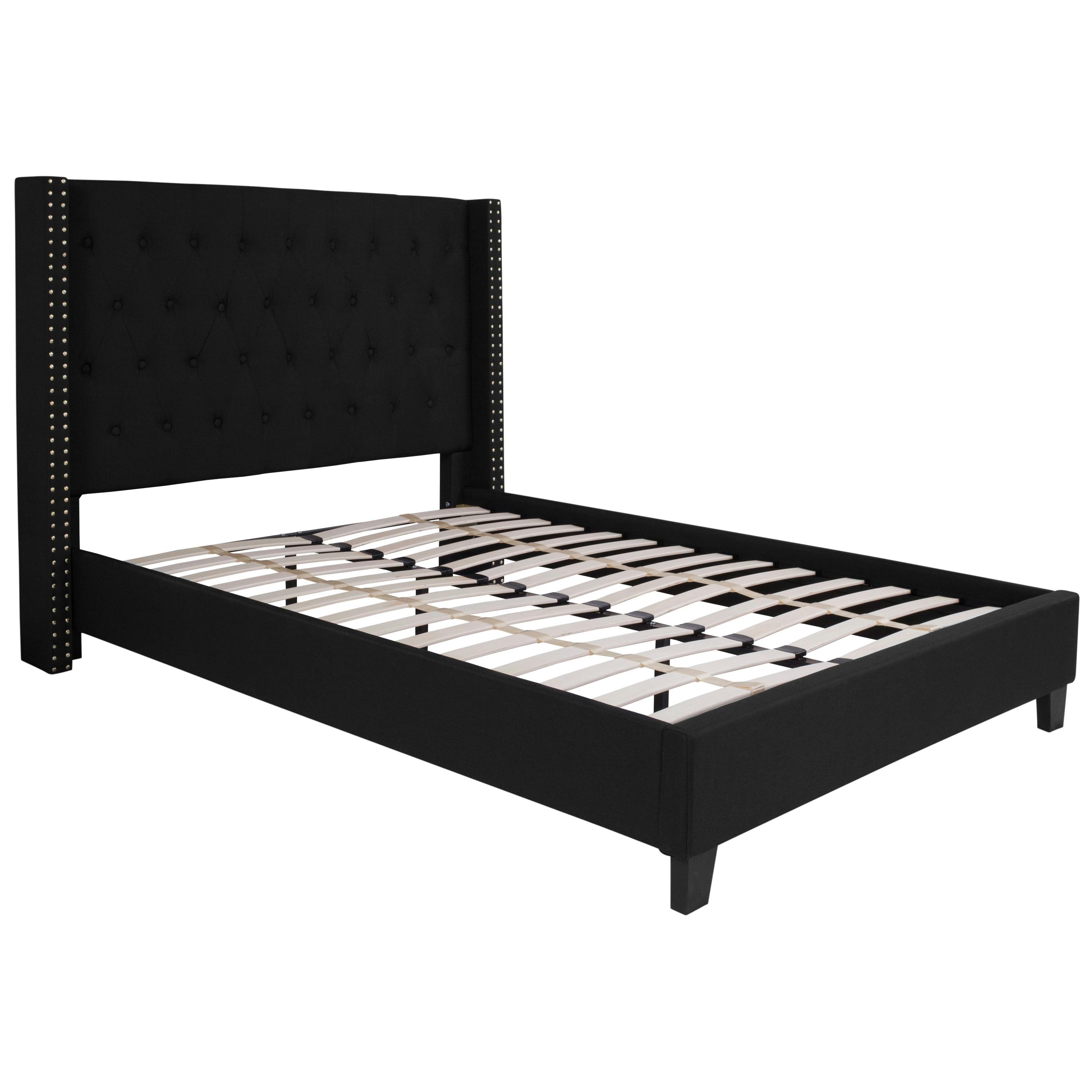 Elegant Full-Size Black Upholstered Platform Bed with Nailhead Trim
