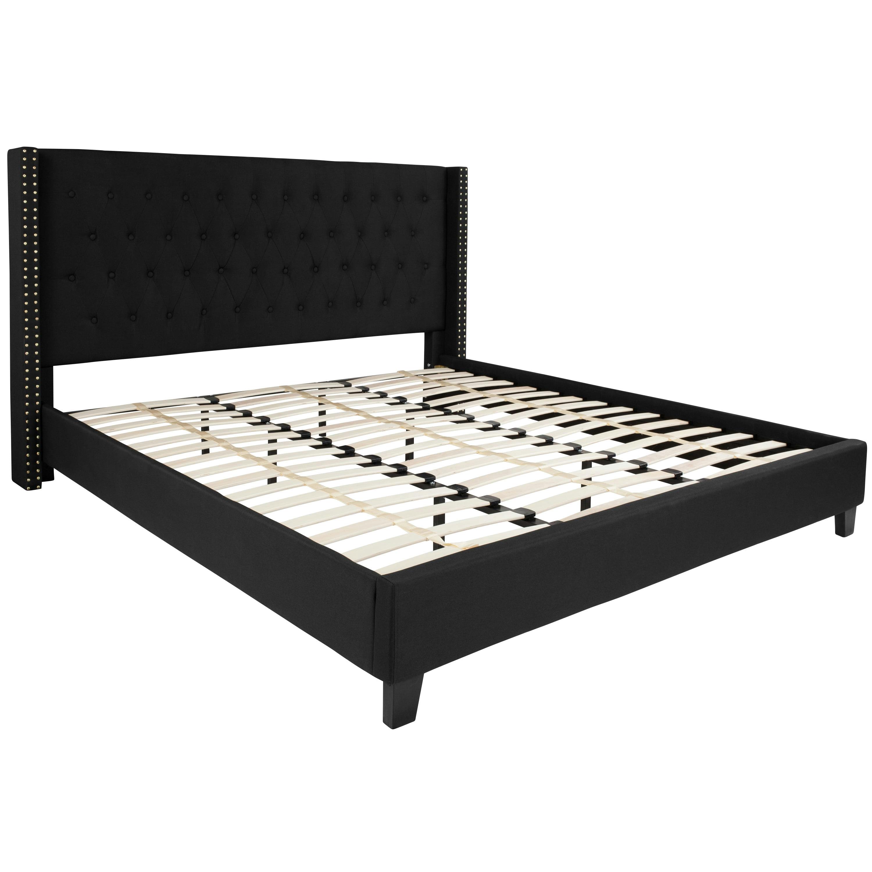 Regal King-Sized Black Metal Frame Bed with Tufted Nailhead Upholstery