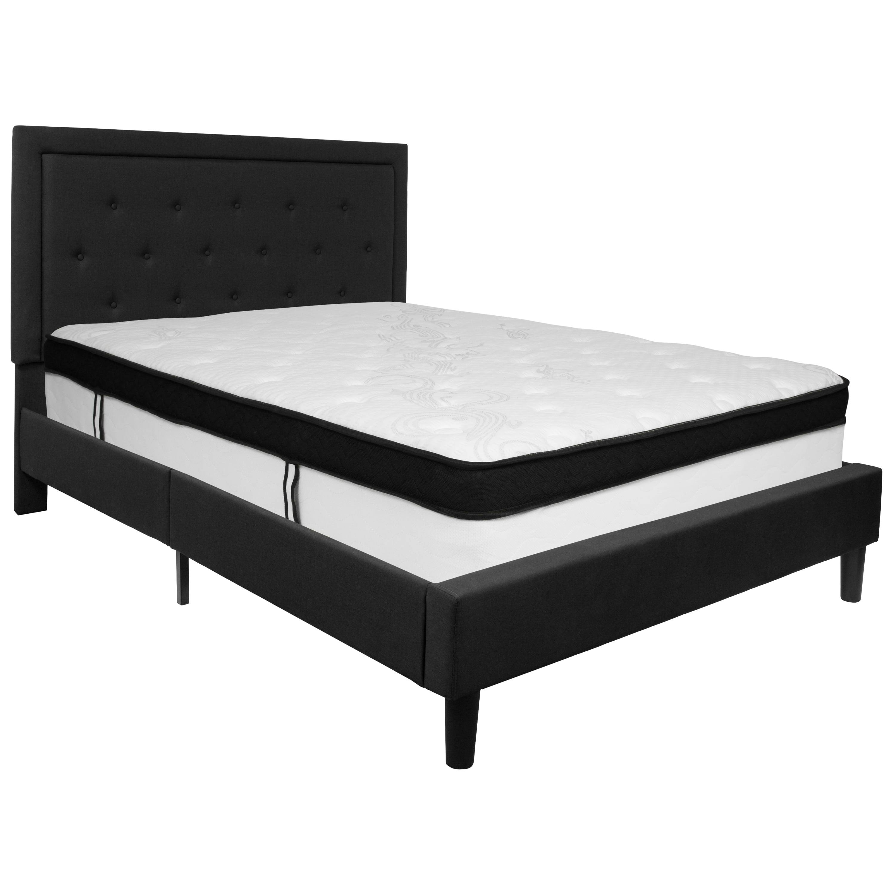 Elegant Queen-Sized Black Fabric Upholstered Platform Bed with Tufted Headboard
