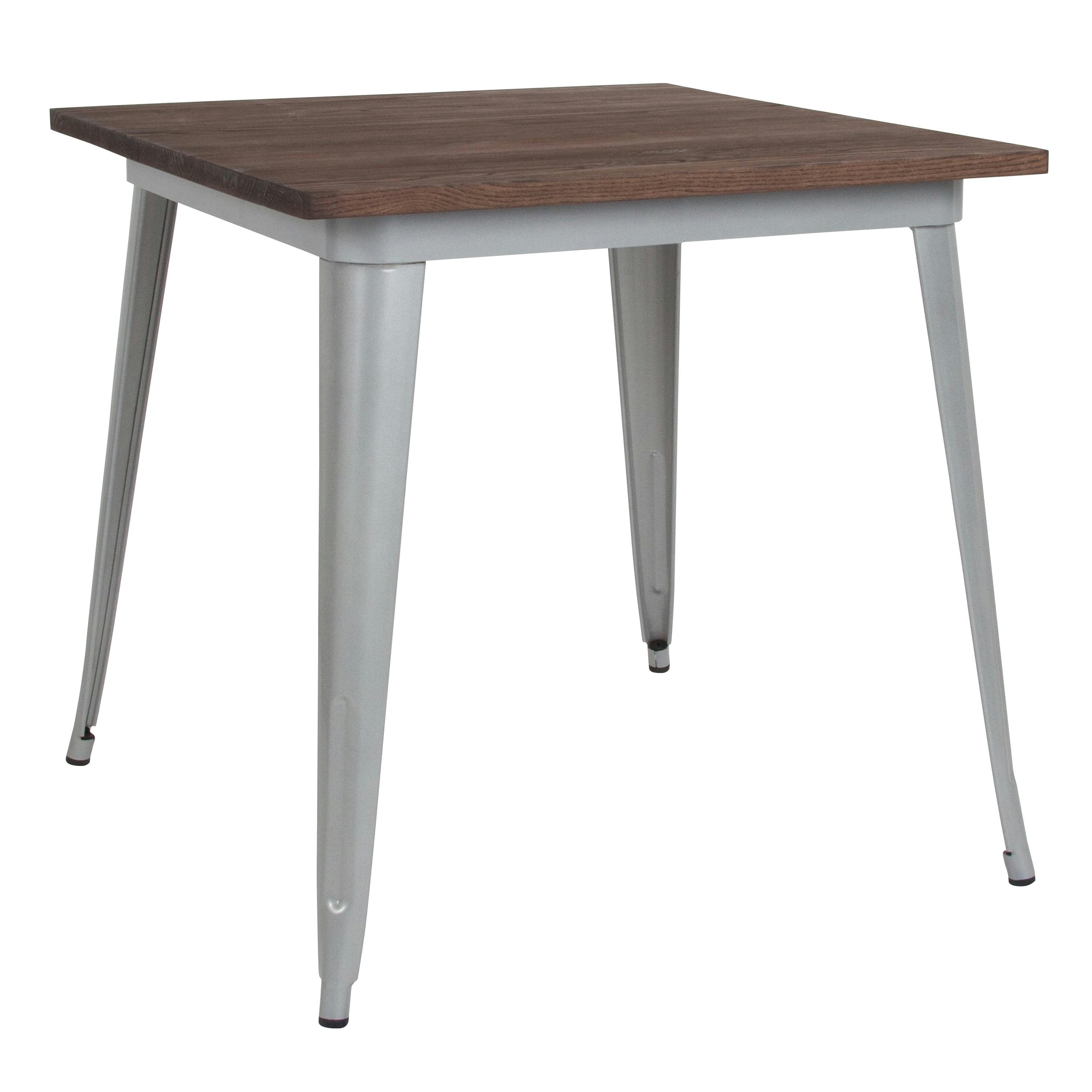 31.5'' Square Industrial Silver Metal Cafe Table with Reclaimed Wood Top