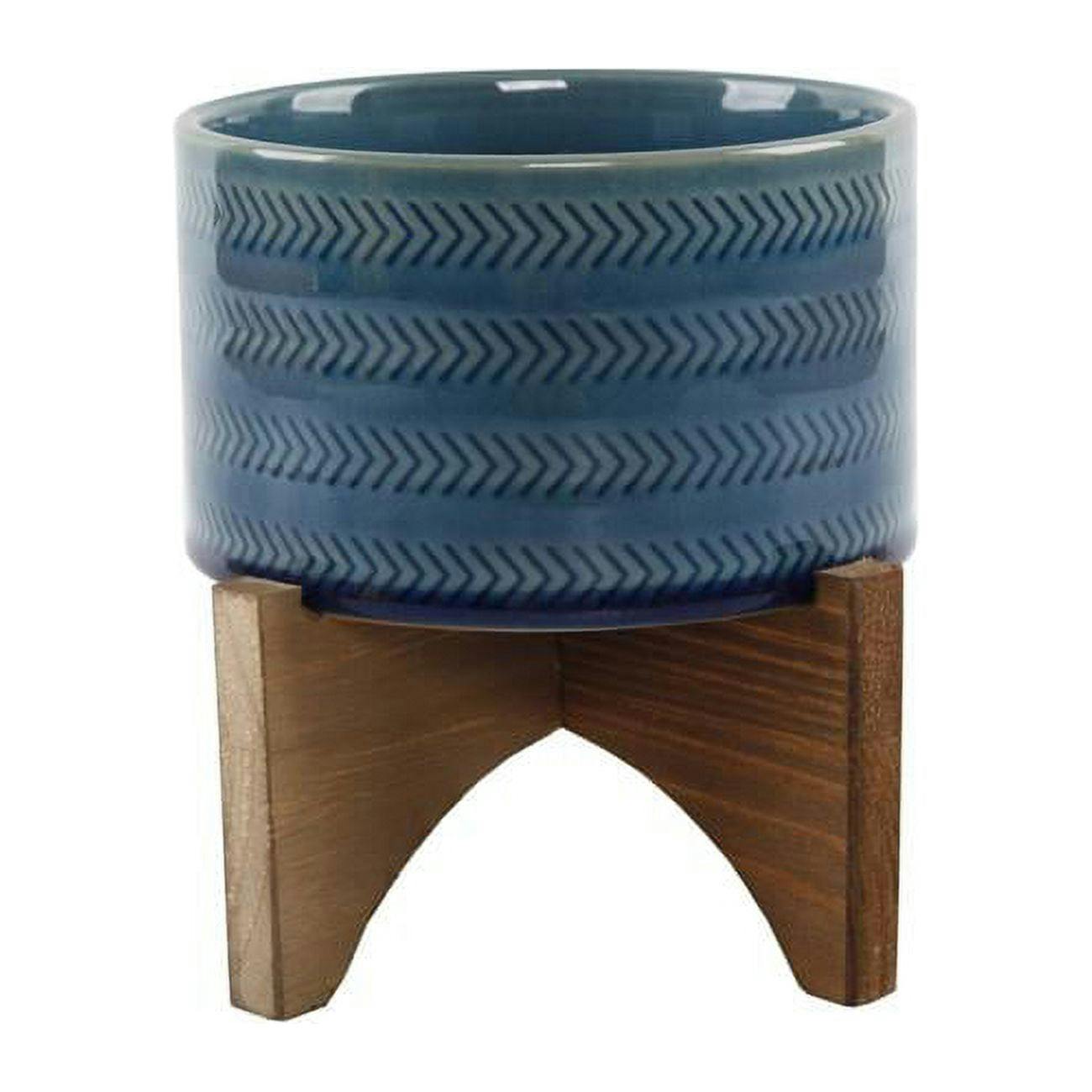 Mayan Teal Glass 6'' Ceramic Planter on Wooden Stand
