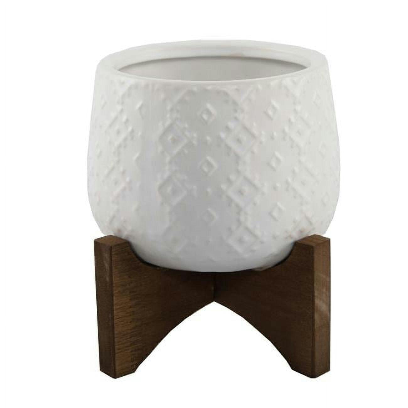 Matte White Ceramic & Wood Stand Indoor Planter, 4.75"