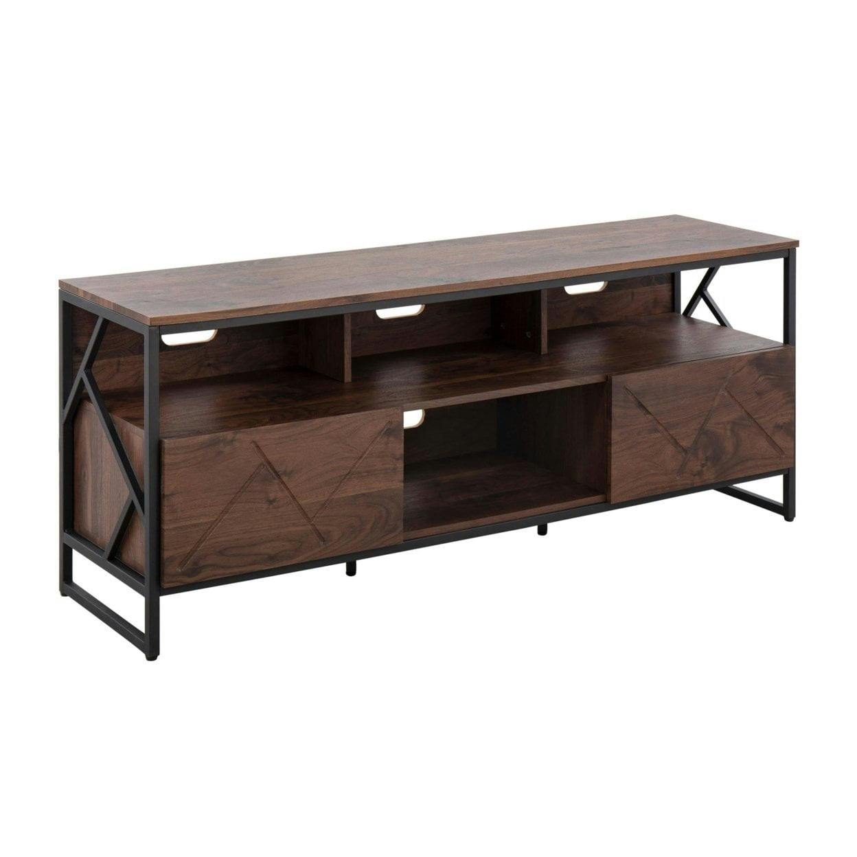 Modern Walnut Wood & Black Steel TV Stand with Cabinet