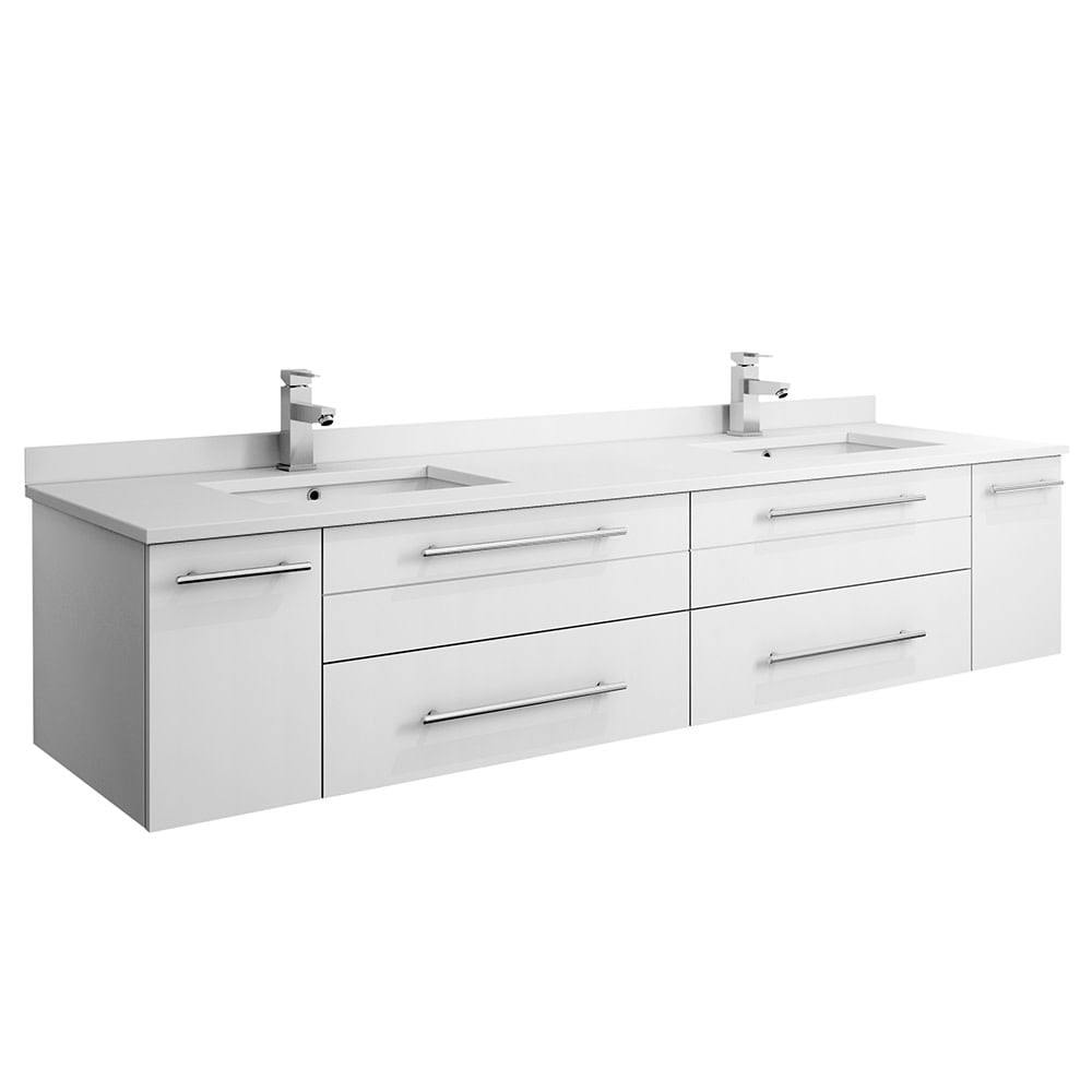 72" White Modern Wall-Mount Double Vanity with Quartz Top