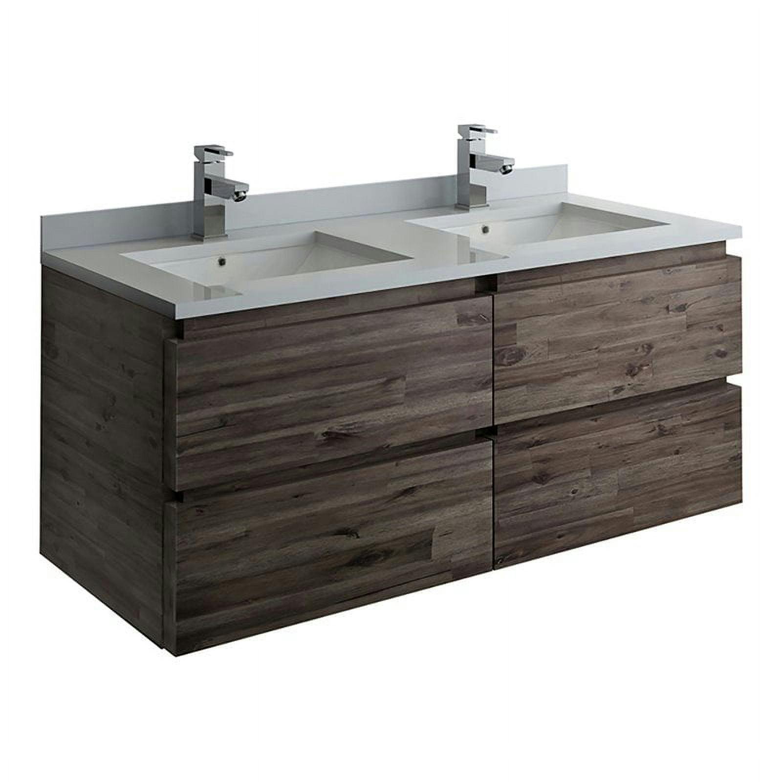 Transitional 48" Double Sink Wall-Mounted Vanity in Brown with Quartz Top