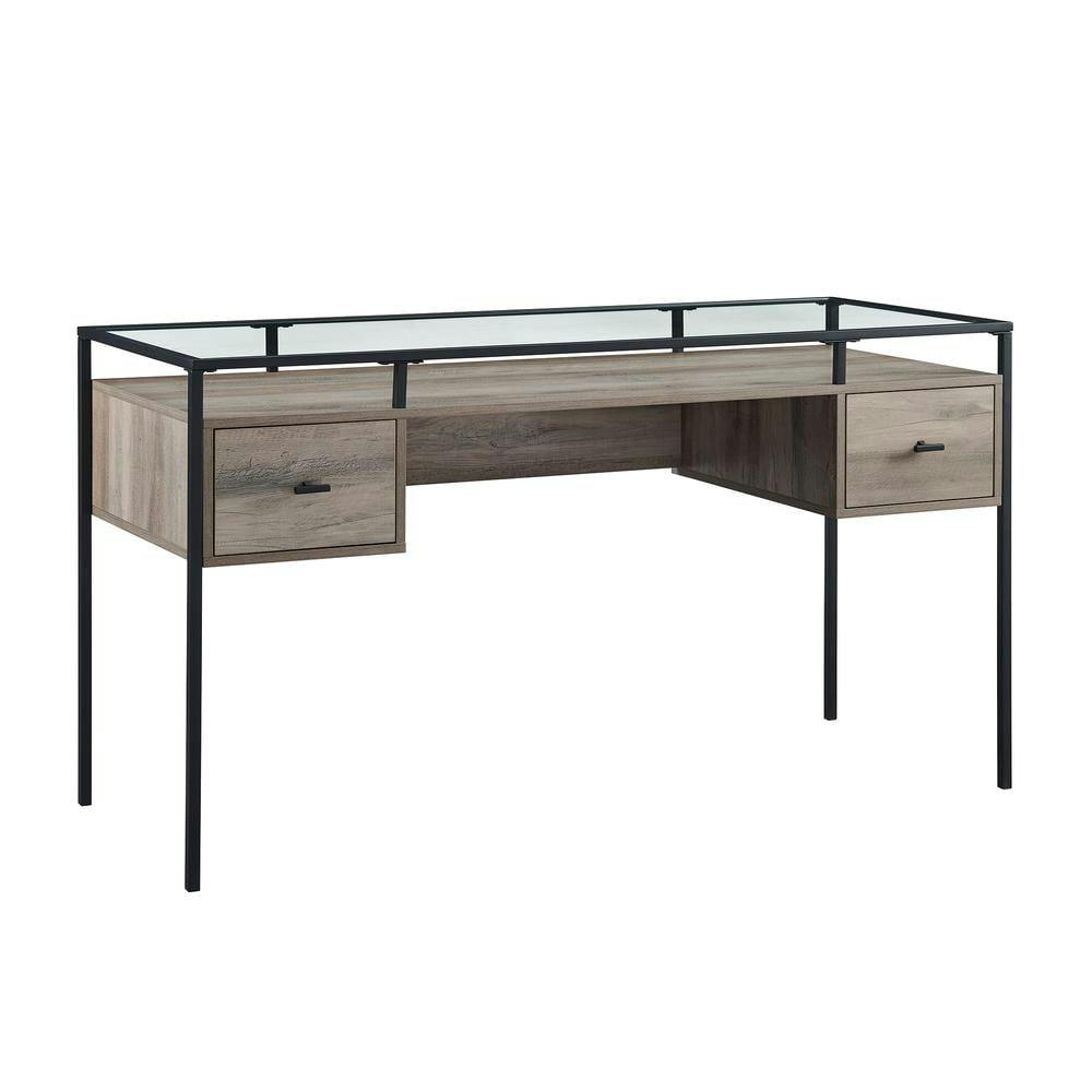Grey Wash 56" Modern Glass Top Writing Desk with Drawers