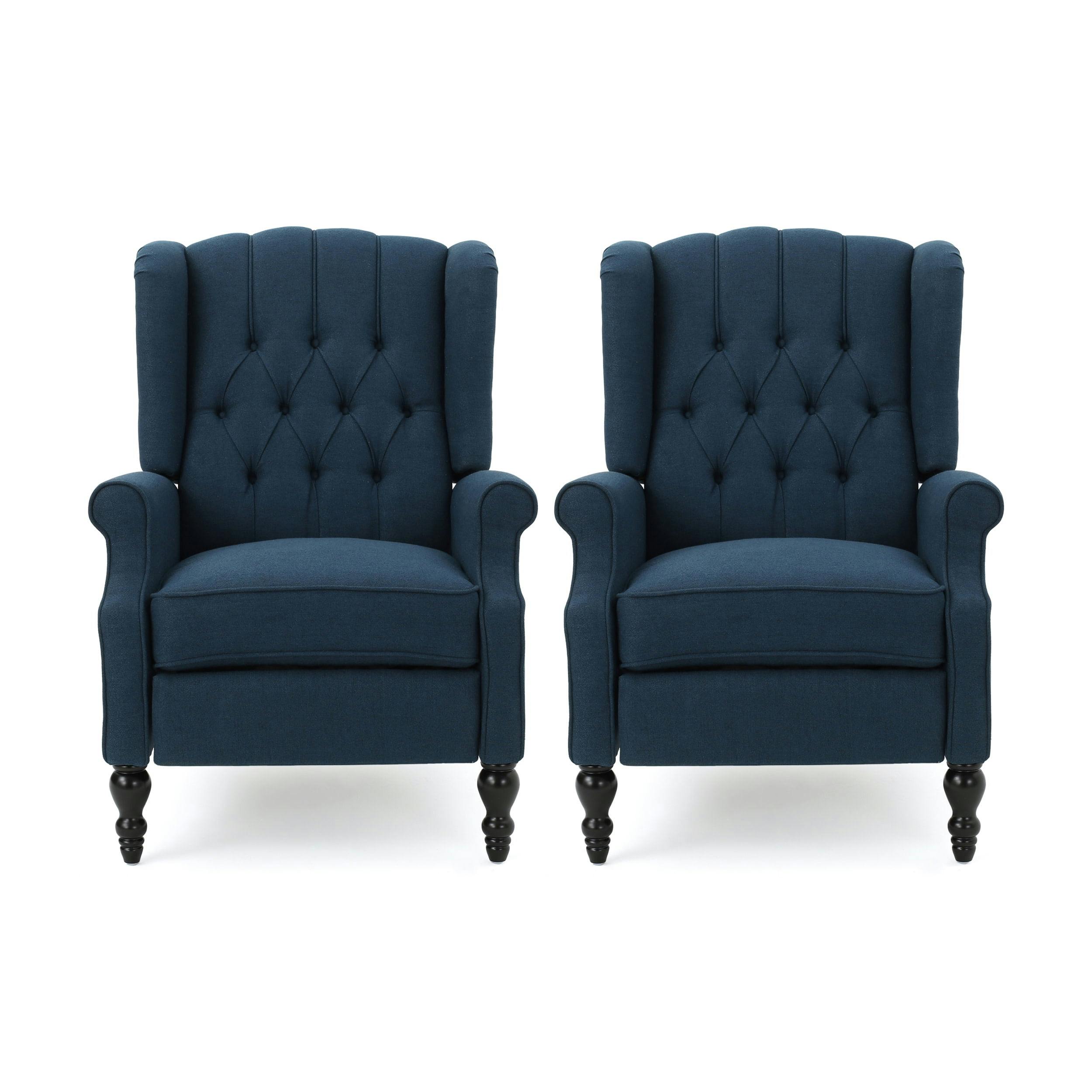 Navy Blue Handcrafted Wingback Pushback Recliner with Wooden Accents