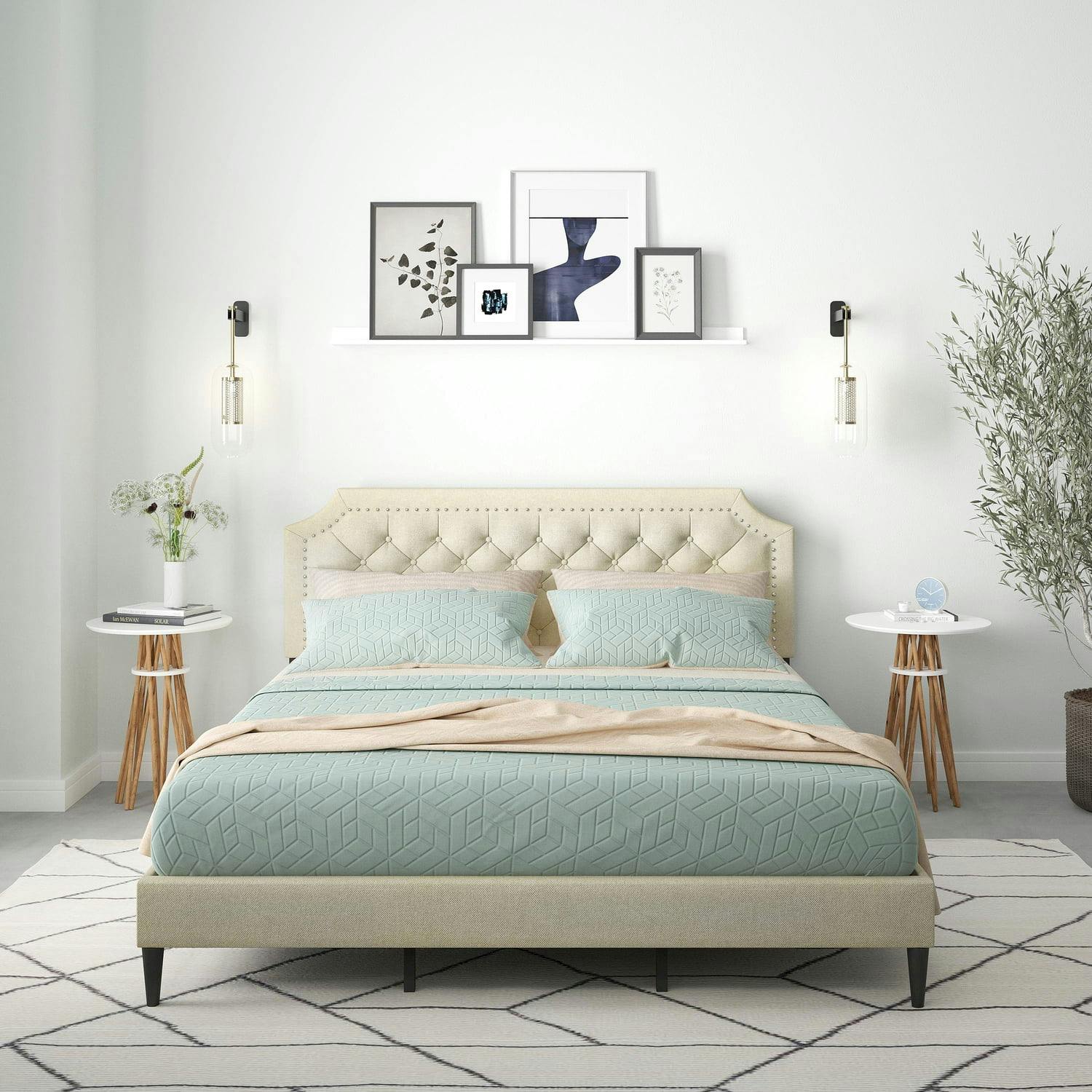 Elegant Beige California King Upholstered Bed with Nailhead Trim