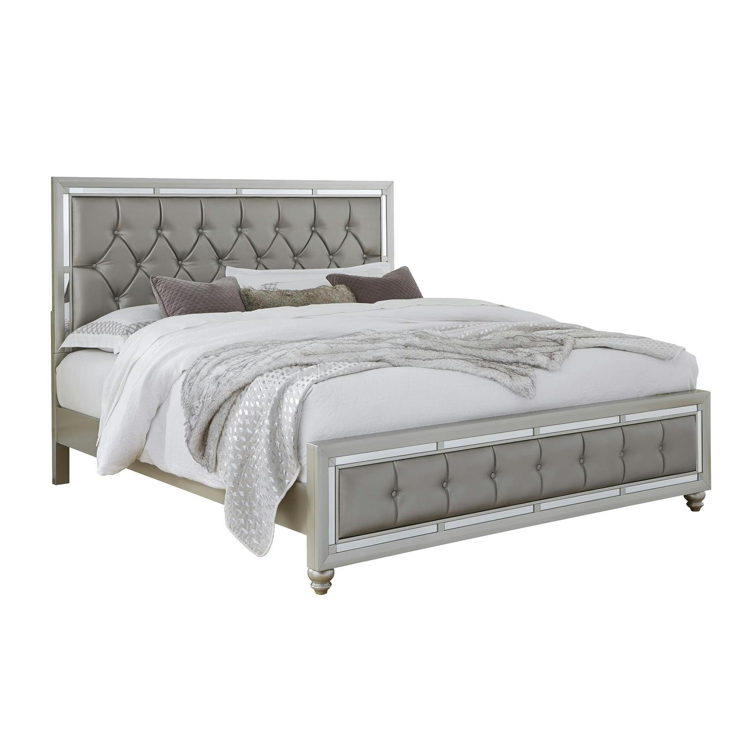 Elegant Silver Champagne Full Bed with Tufted Faux Leather Headboard