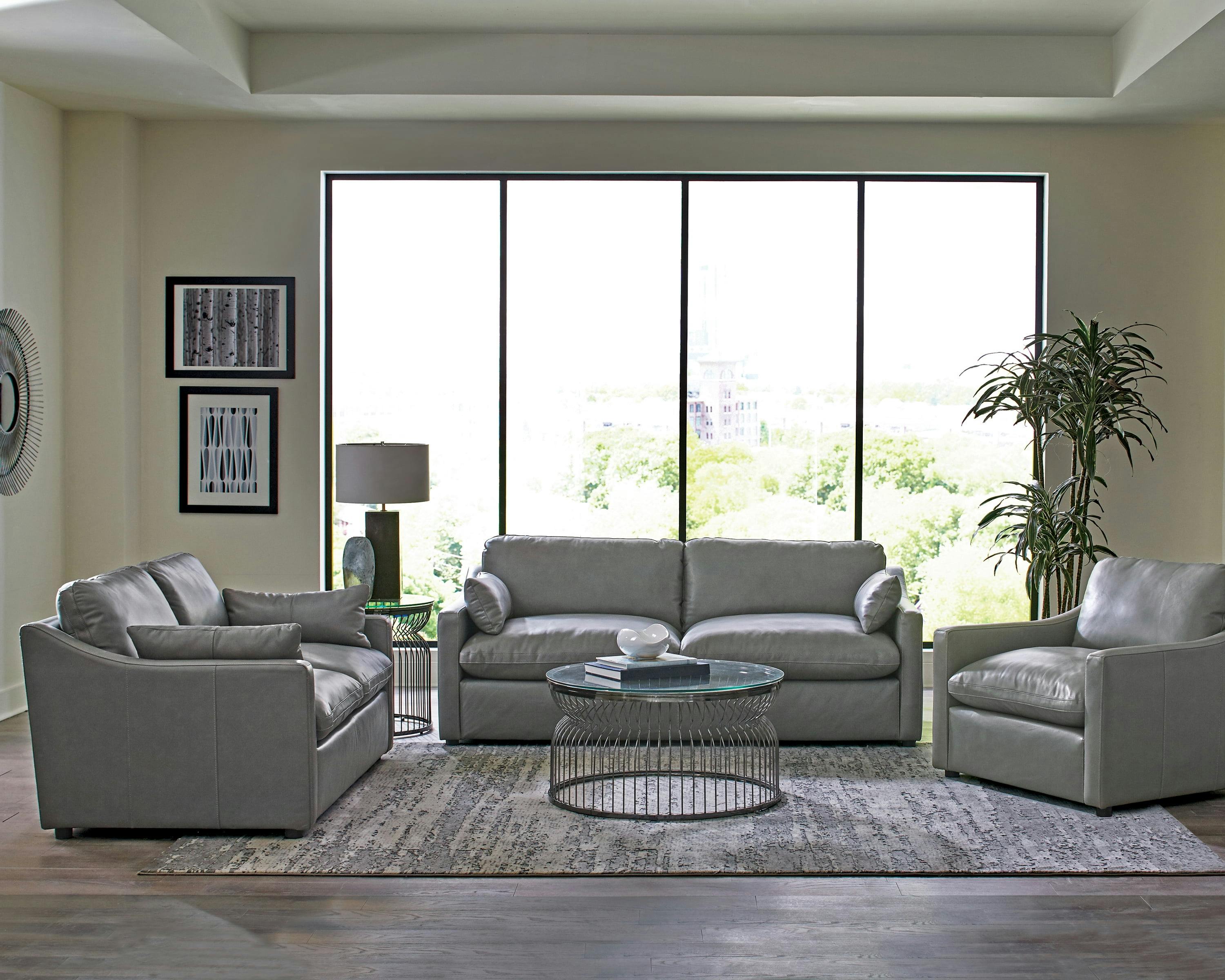 Grayson Transitional Sloped Arm Leather Sofa in Gray with Down Fill