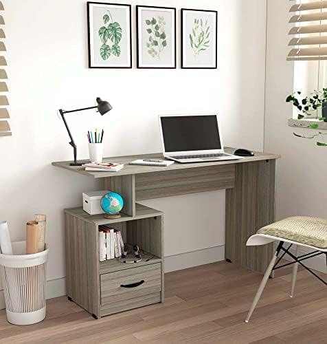 Modern Smoke Oak Writing Desk with Drawer and Open Storage, 47.2 in