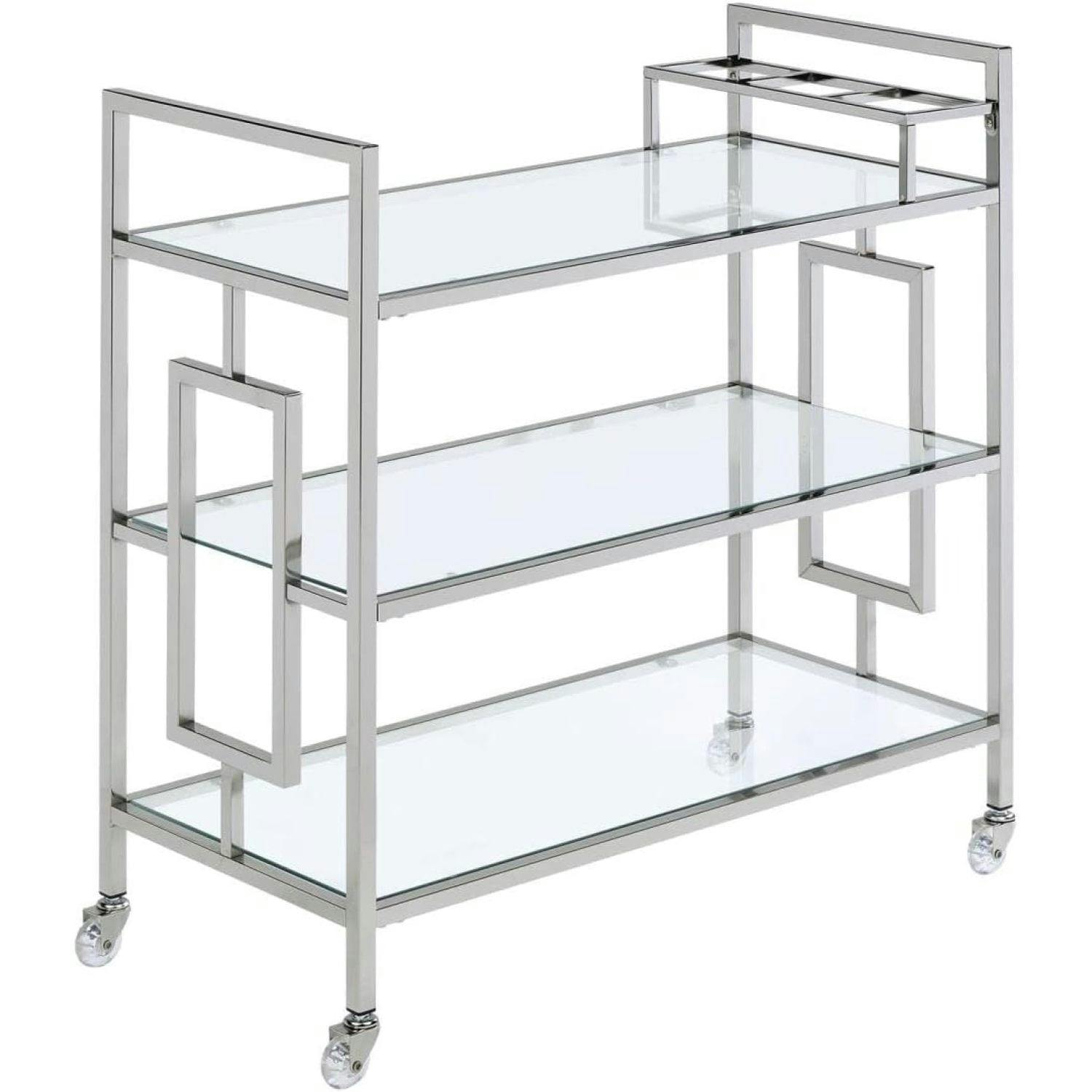 Harper Transitional Chrome Glass Serving Bar Cart with Casters