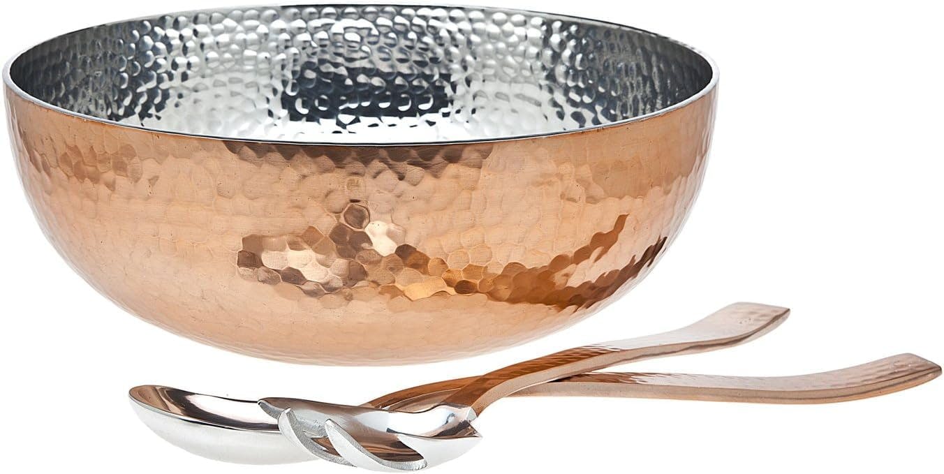 Classic Hammered Copper Salad Serving Bowl with Utensils