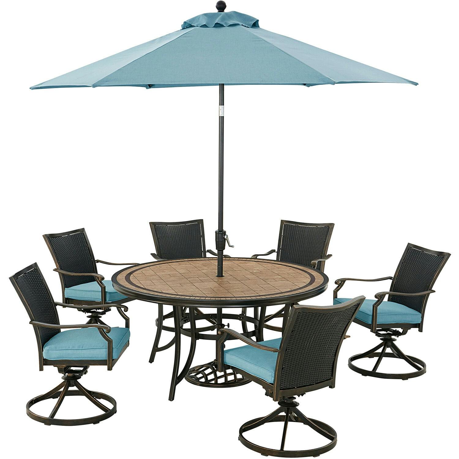 Bronze Finish 7-Piece Outdoor Dining Set with Cushioned Swivel Rockers and Umbrella