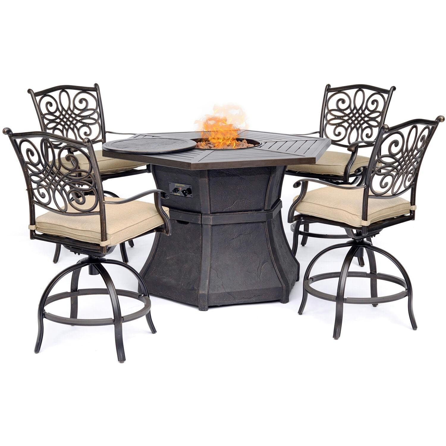 Tan Elegance 48" Aluminum High-Dining Fire Pit Set with 4 Swivel Chairs