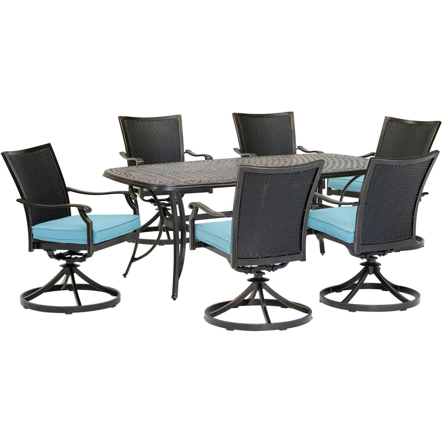 Traditions Elegance 7-Piece Blue Cast-Top Outdoor Dining Set with Wicker Swivel Rockers